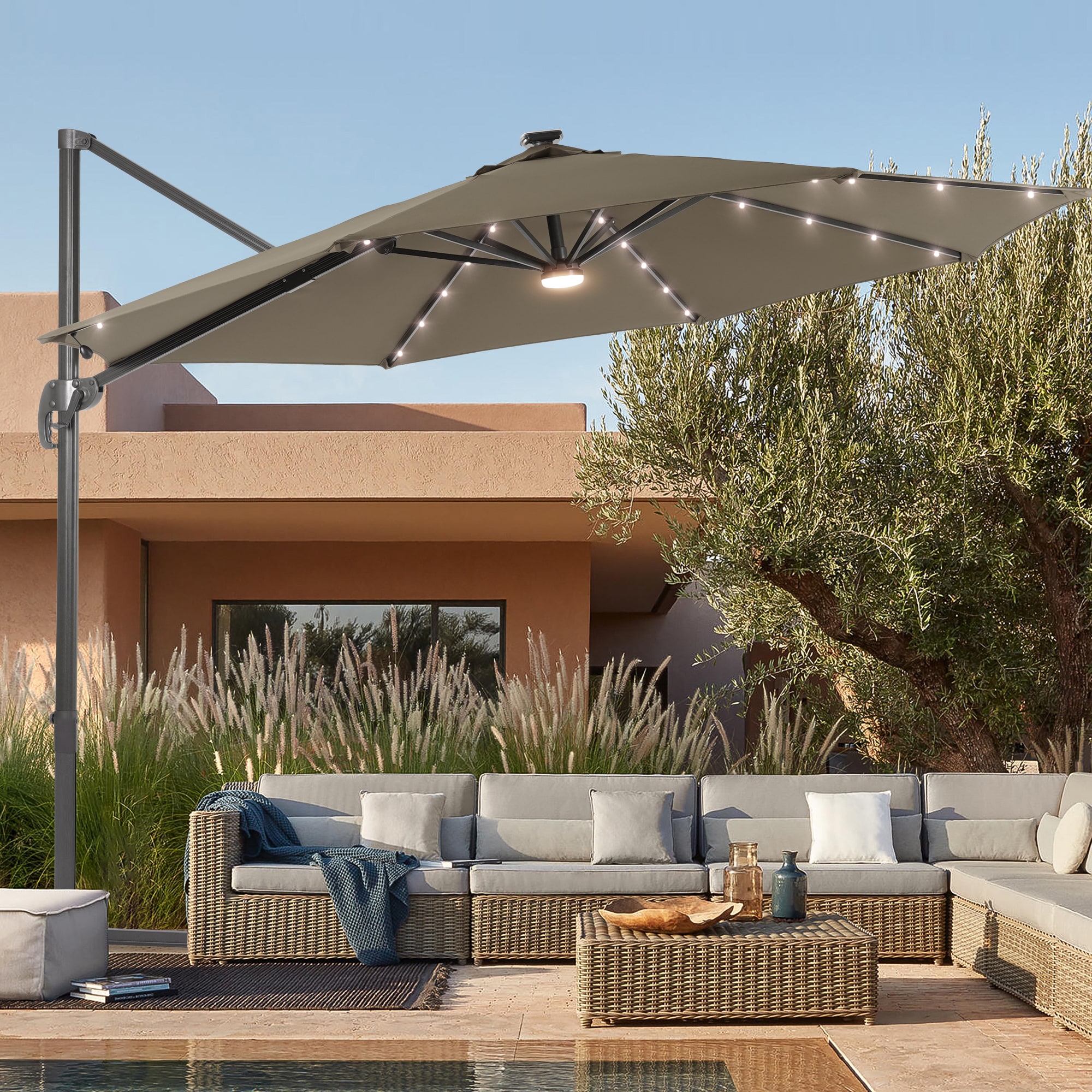 Sonkuki SD-MN335TP-LED 11-ft Aluminum Tan No-tilt Cantilever Patio Umbrella with Lights