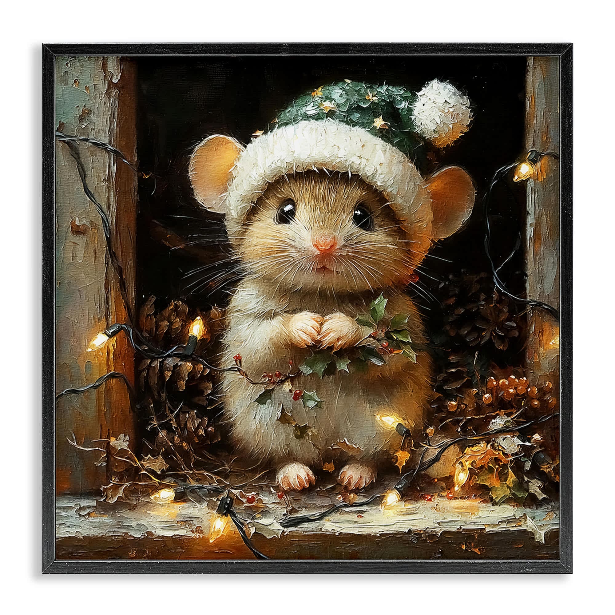Stupell Industries BT-939-FR-24X24 Barn Mouse with Christmas Lights Black Framed Giclee Art By Riley B 24 x 24