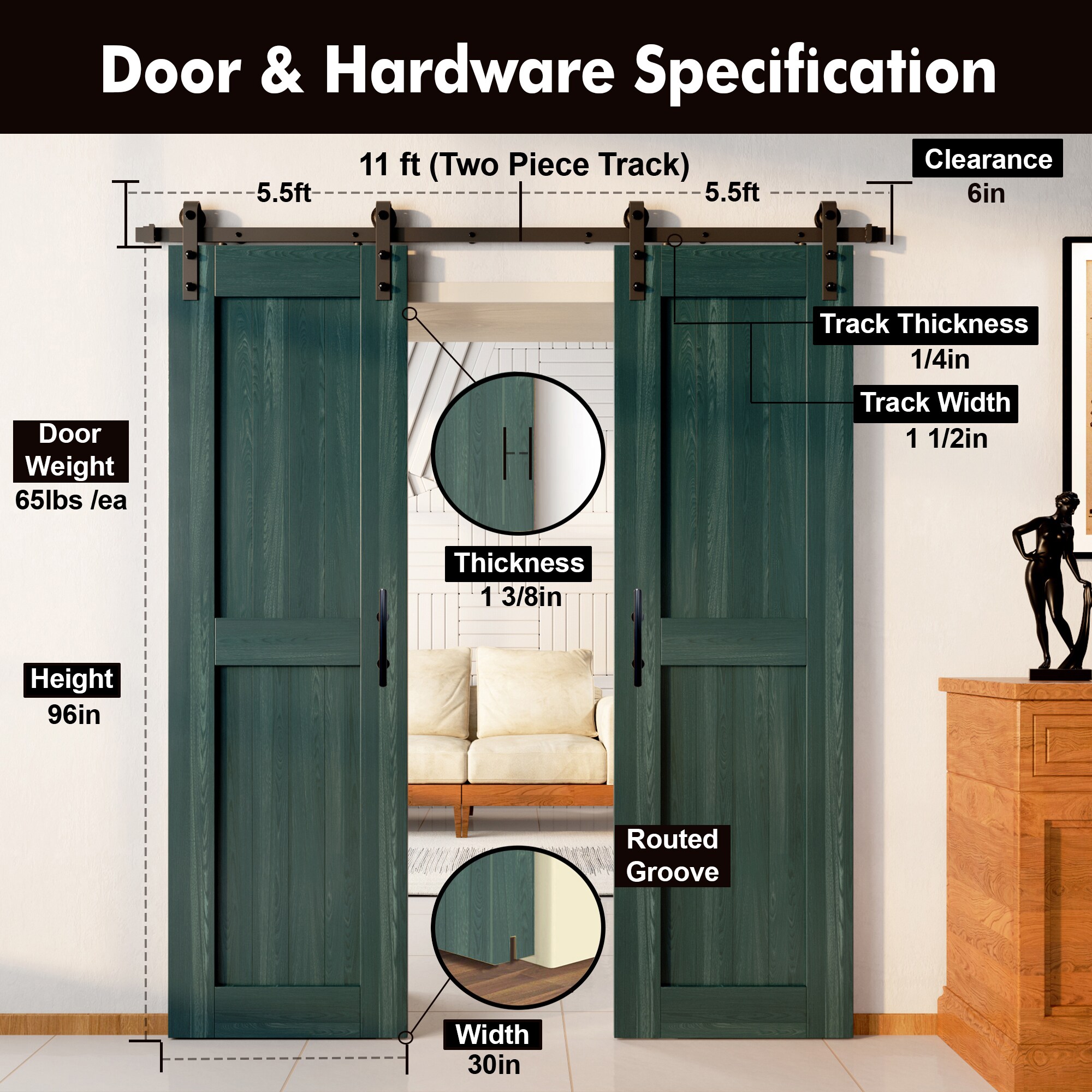 HOMACER YT2TGH132C-3096-H-RP Barn-Doors - View #7