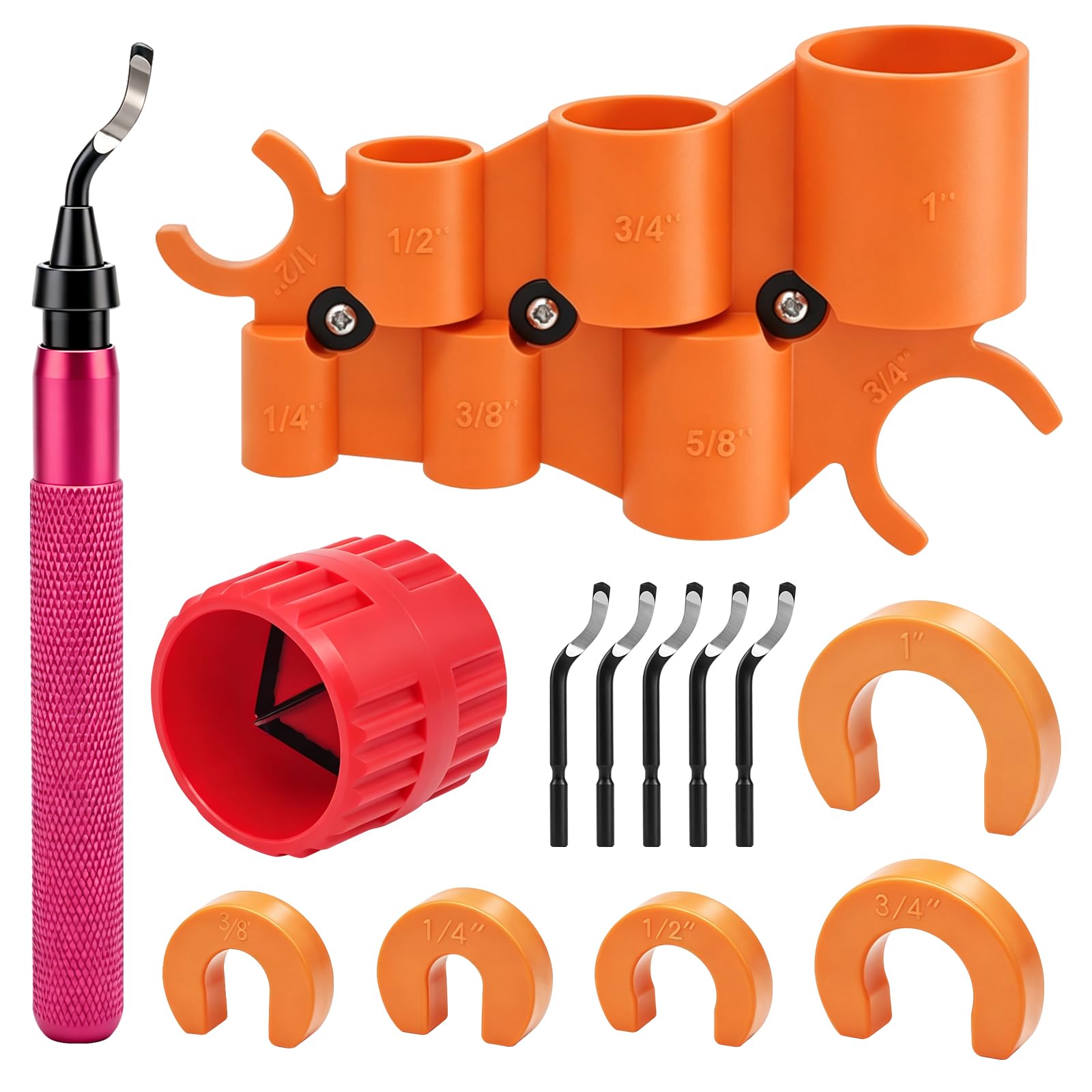 Adrinfly  13 PCS Pipe Deburring Tool Set with 5 High Speed Steel Blades Depth Gauge and Push Fit Fitting Removal Keys for PVC PEX Copper Aluminum