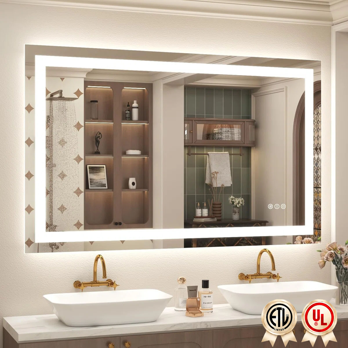 YQP 48-in W x 28-in H UL Certified 48-in x 28-in Rectangle Backlit and Frontlit Dimmable LED Lighted Fog Free Tempered Glass Bathroom Vanity Mirror