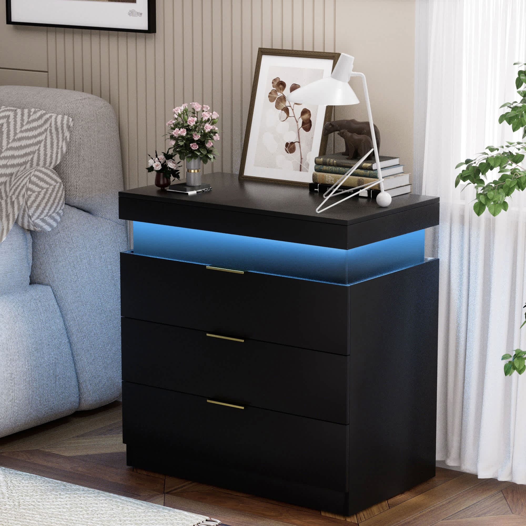 VERYKE LL-NSD001BK Nightstand with Charging Station LED Light and Sliding Top for Bedroom