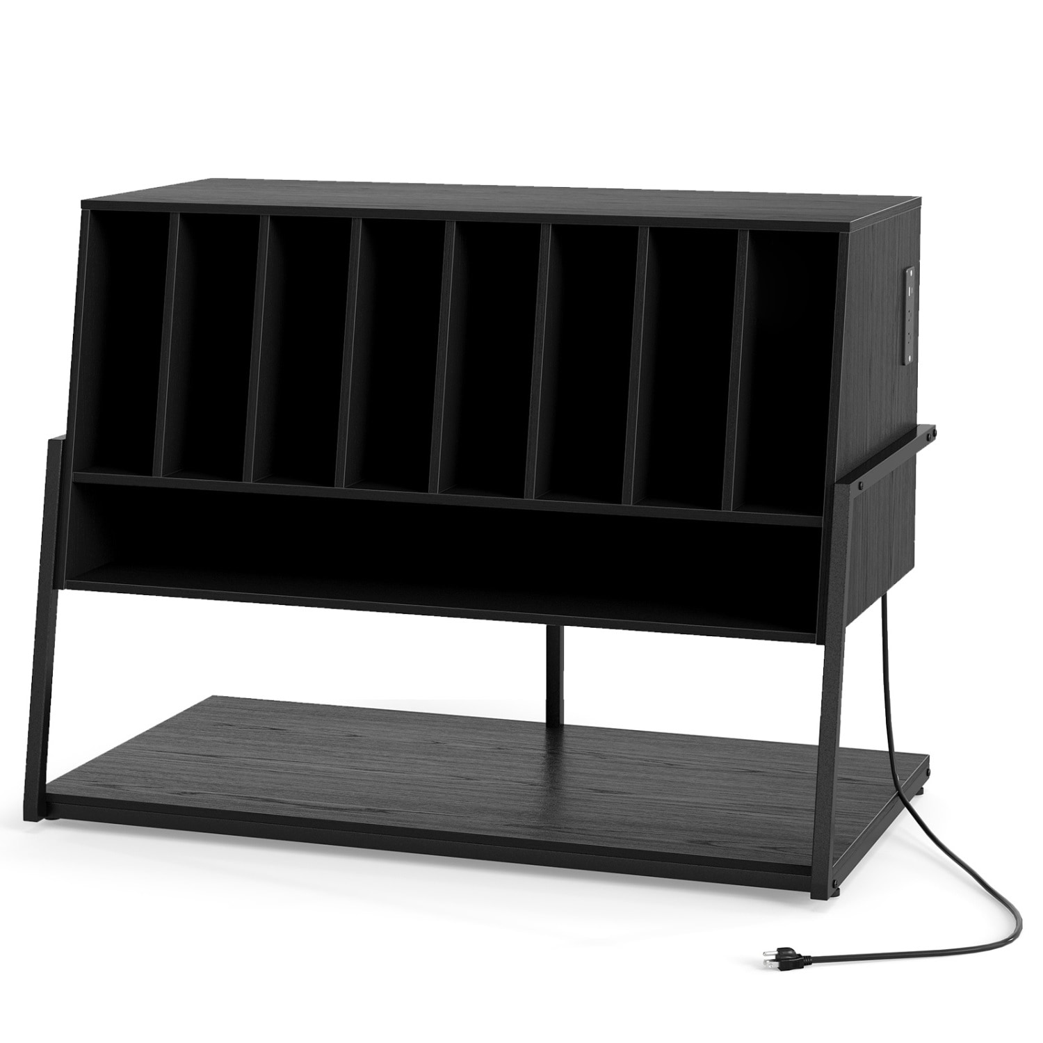 Slickblue Black Record Player Stand Vinyl Storage Cabinet with 8 Compartment Storage Power Outlets USB Type C Wheels for Living Room Bedroom or Music Room
