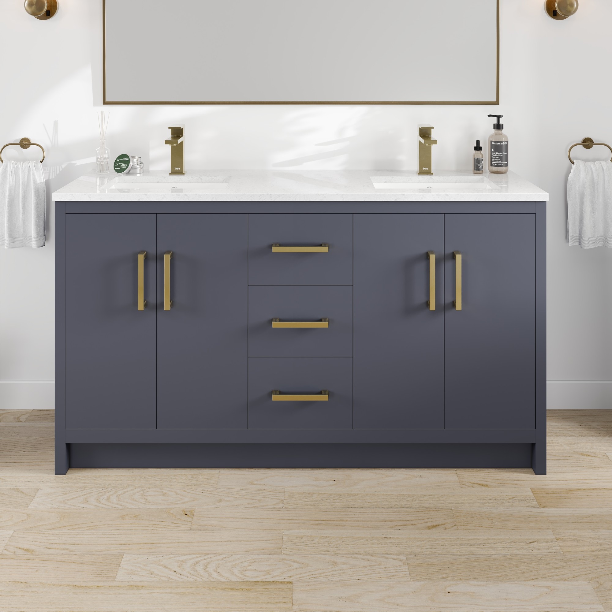 Eviva Curio 60-in Dark Blue Undermount Double Sink Bathroom Vanity with White Quartz Top (Fully Assembled)
