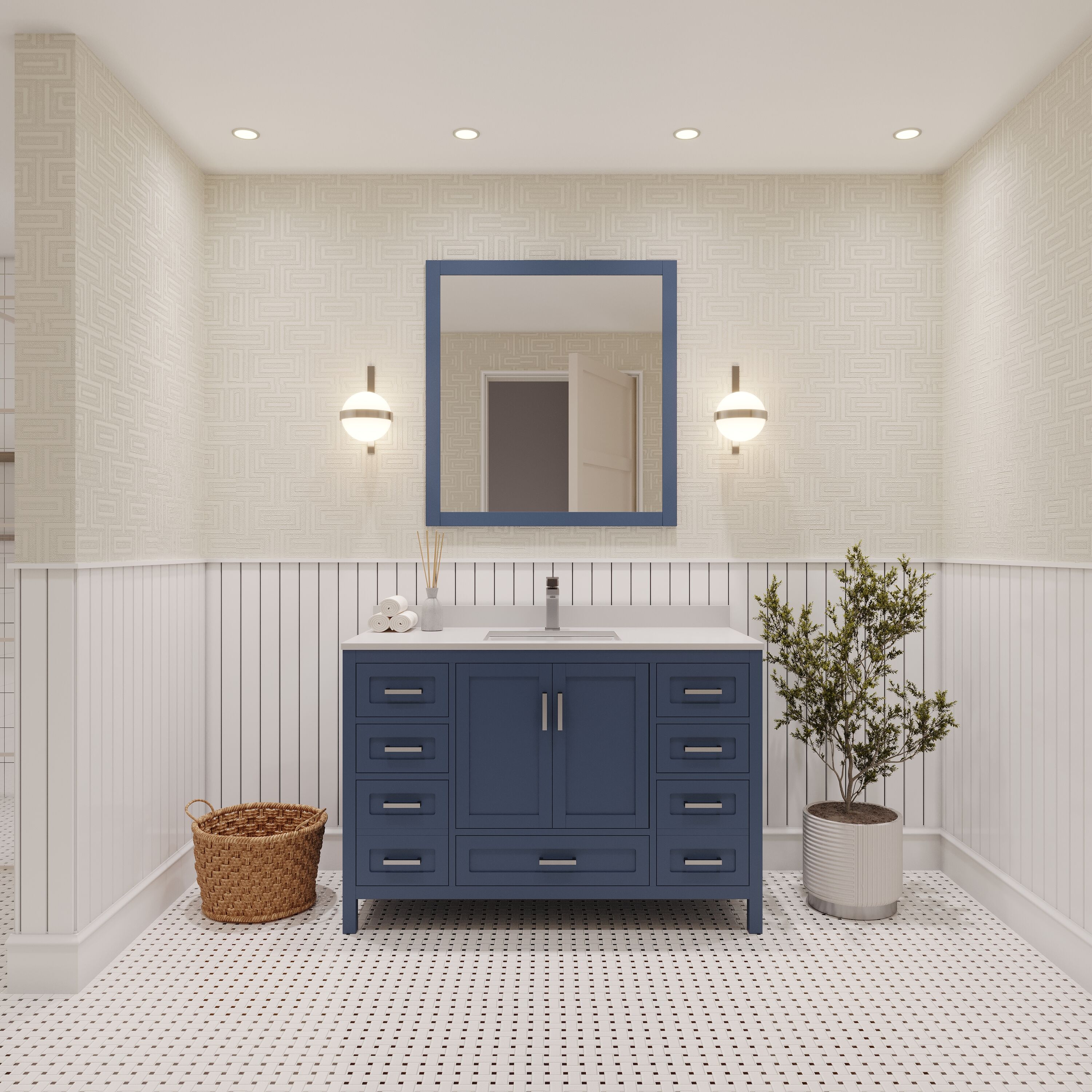 Ayna Decors AVR48NB3102 48-in Navy Blue Undermount Single Sink Bathroom Vanity with White Quartz Top (Mirror Included)