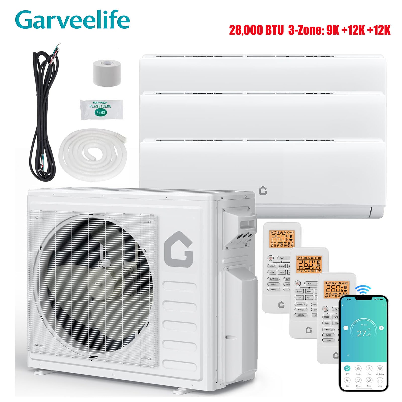 GarveeLife 28000 BTU 20 SEER2 3 Zone Mini Split AC/Heating System Ductless Split Air Conditioner 9000 + 12000 +12000BTU with Wifi No Copper Tube Line Set Included-208-230V