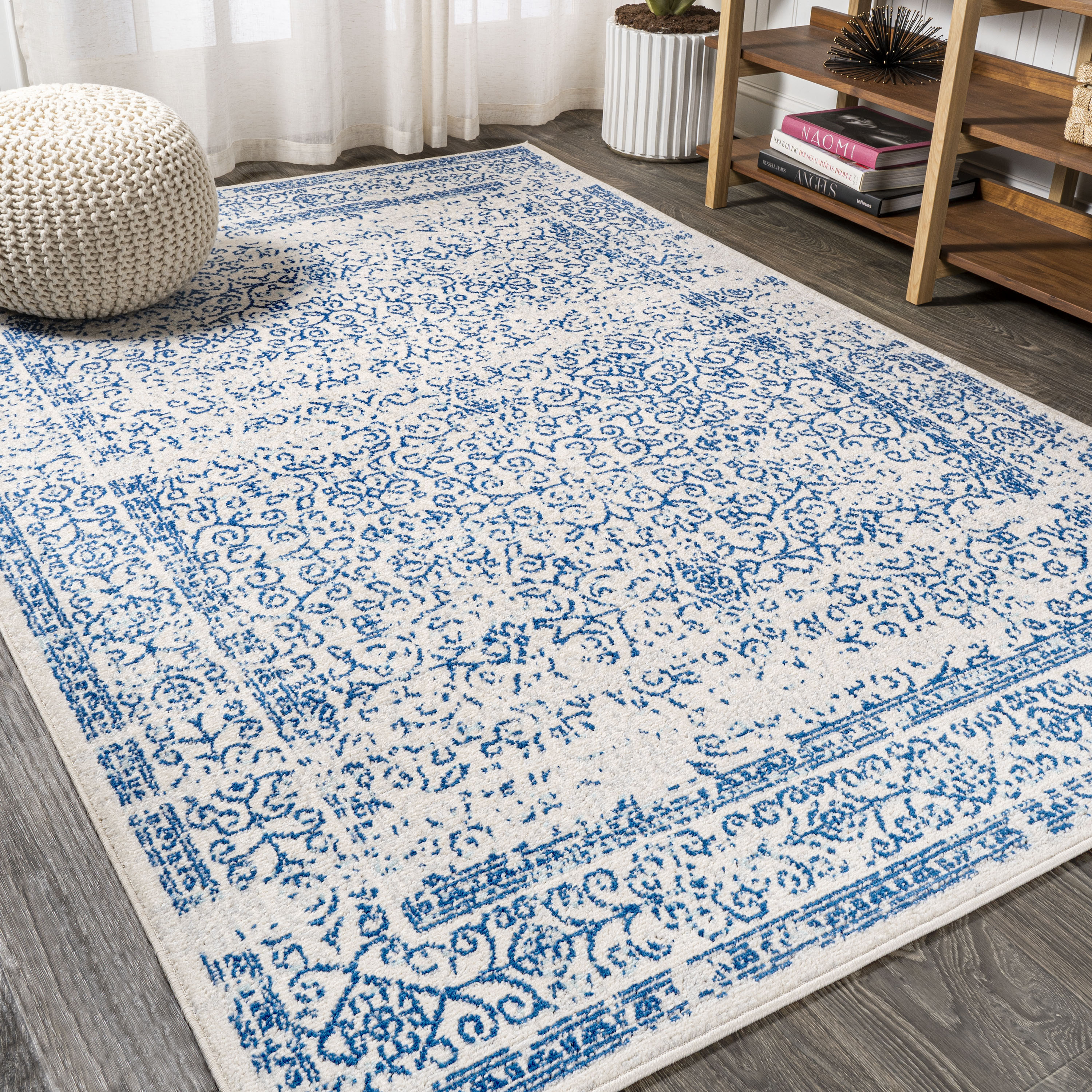 JONATHAN  Y BMF108A-3 Bohemian Flair Azul Filigree 3 x 5 (ft) Loomed Polypropylene Cream/Blue Rectangular Indoor Floral/Botanical Bohemian/Eclectic Area rug