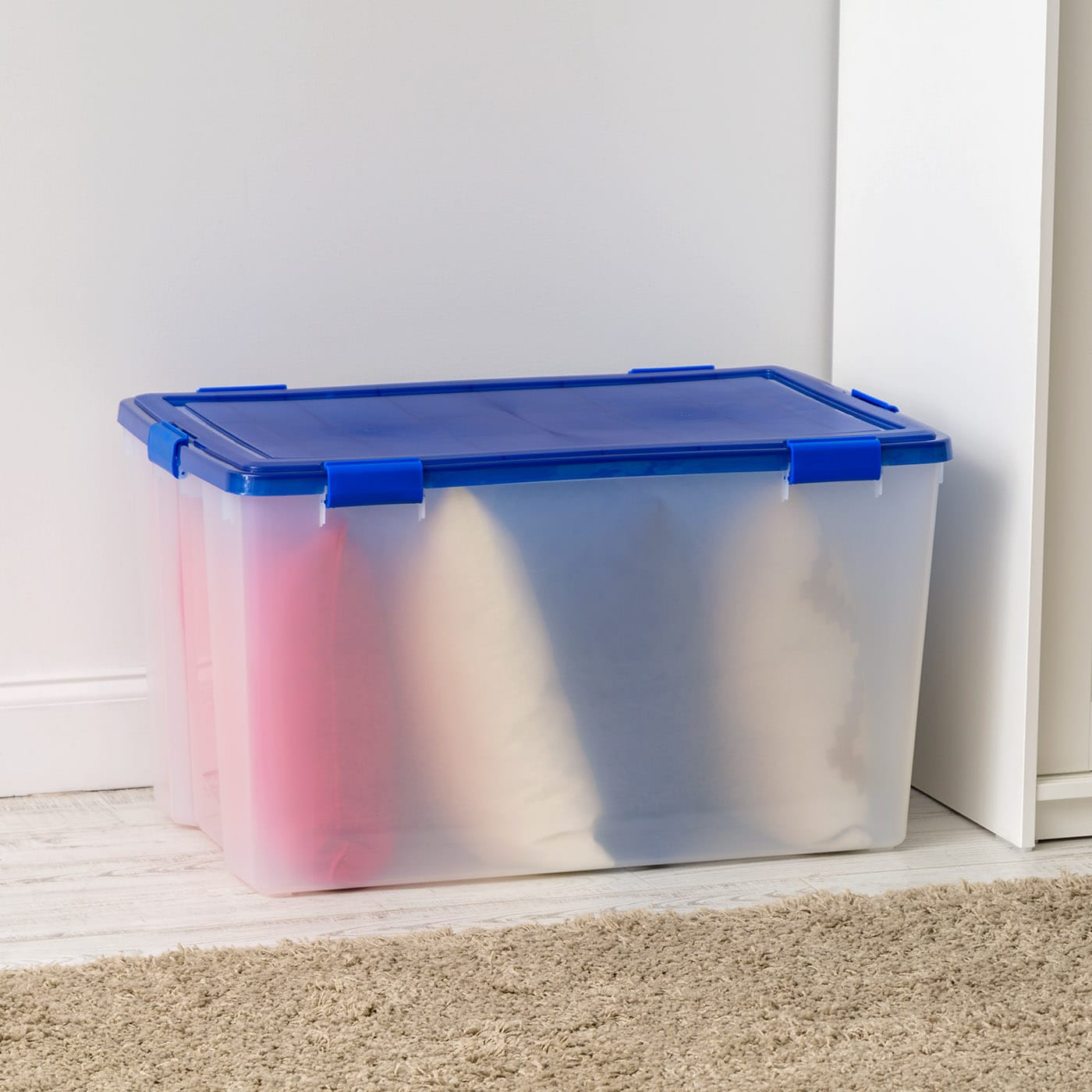 Iris 11 Gallon Clear Plastic Storage Boxes with Blue Lid, Pack of 4
