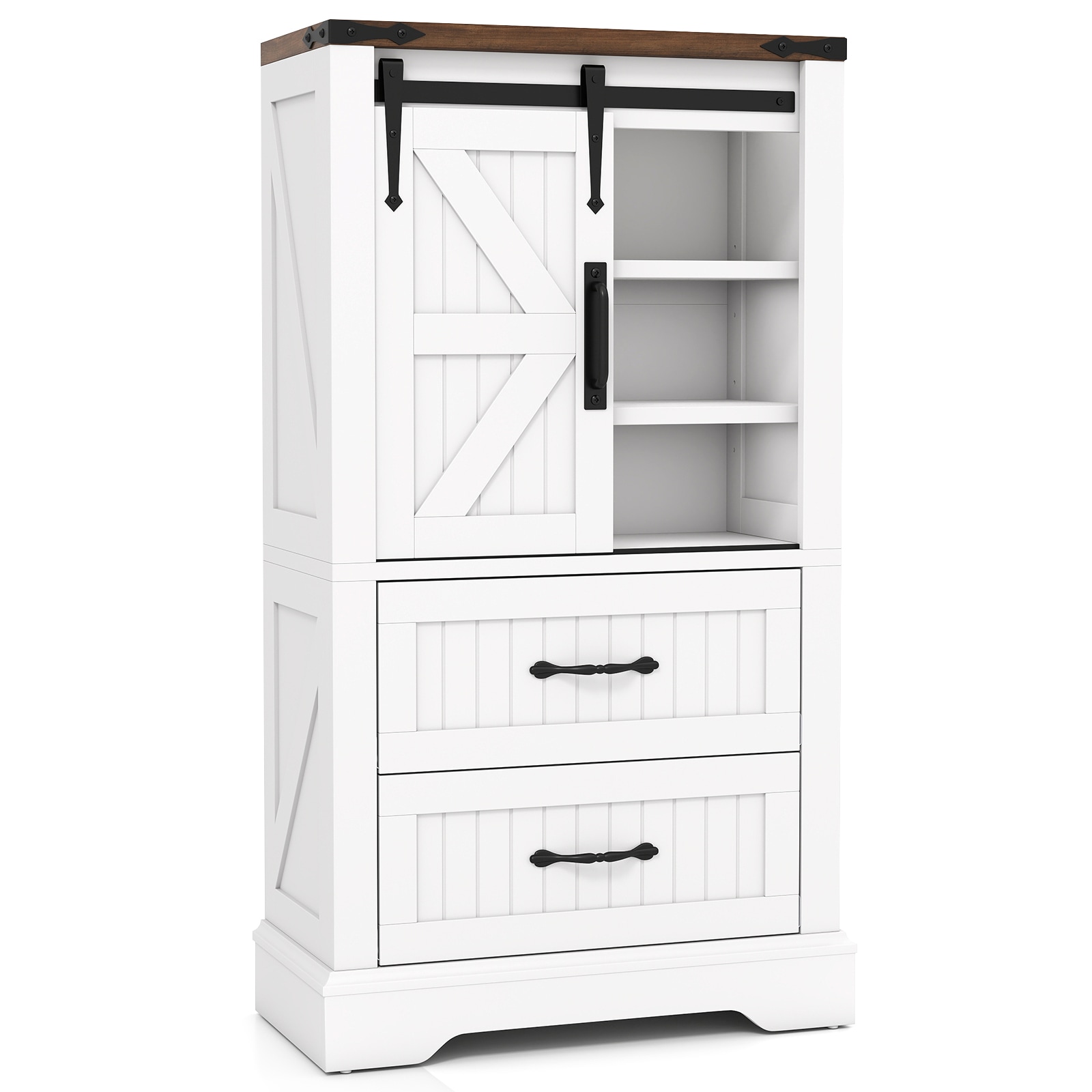 Costway  Farmhouse Bathroom Floor Cabinet with Sliding Door Adjustable Shelves and 2 Drawers