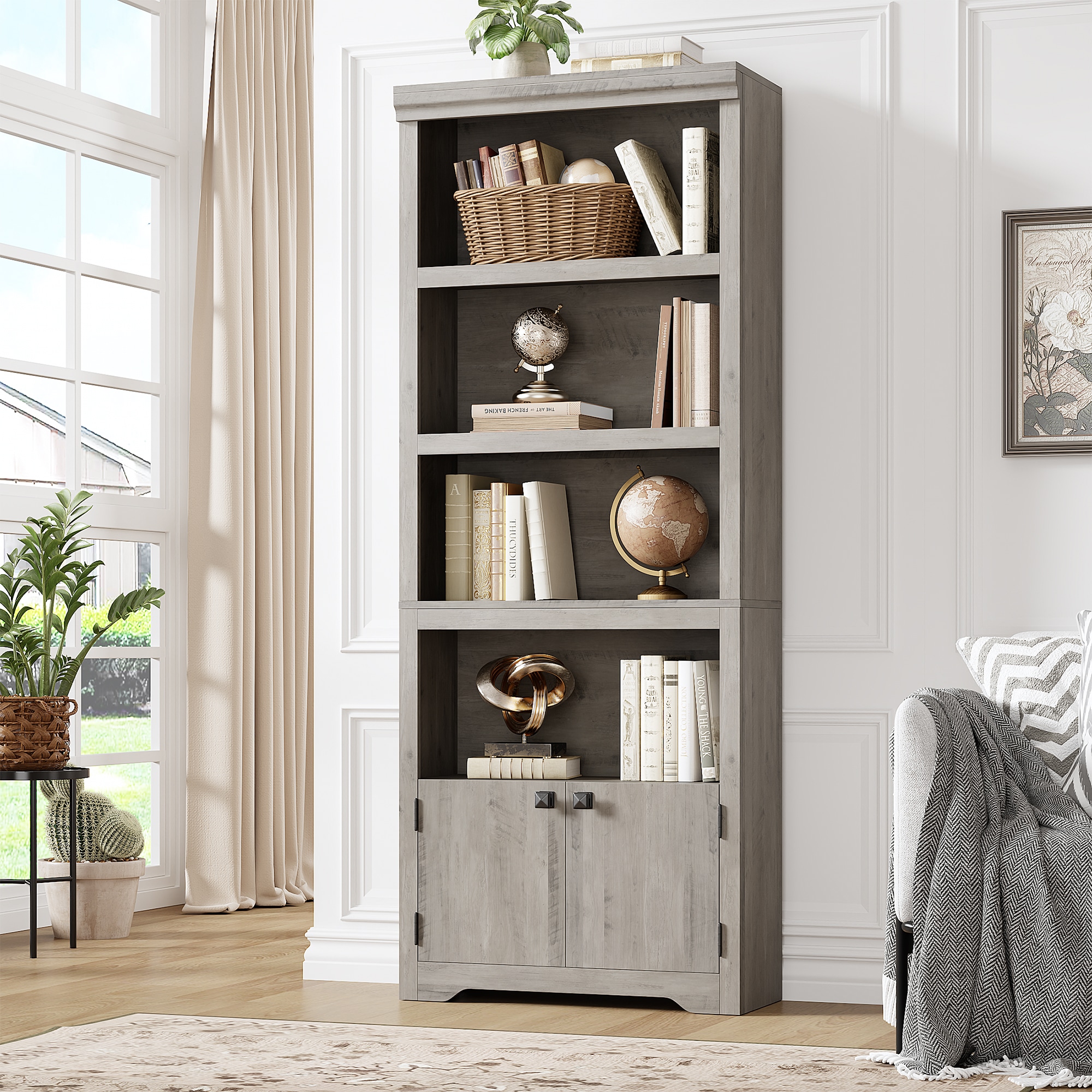 Garvee 5 Tier Bookshelf 69 in Tall Farmhouse Bookcase with 2 Doors Adjustable Shelves Open Display Storage Rack with Anti Slip