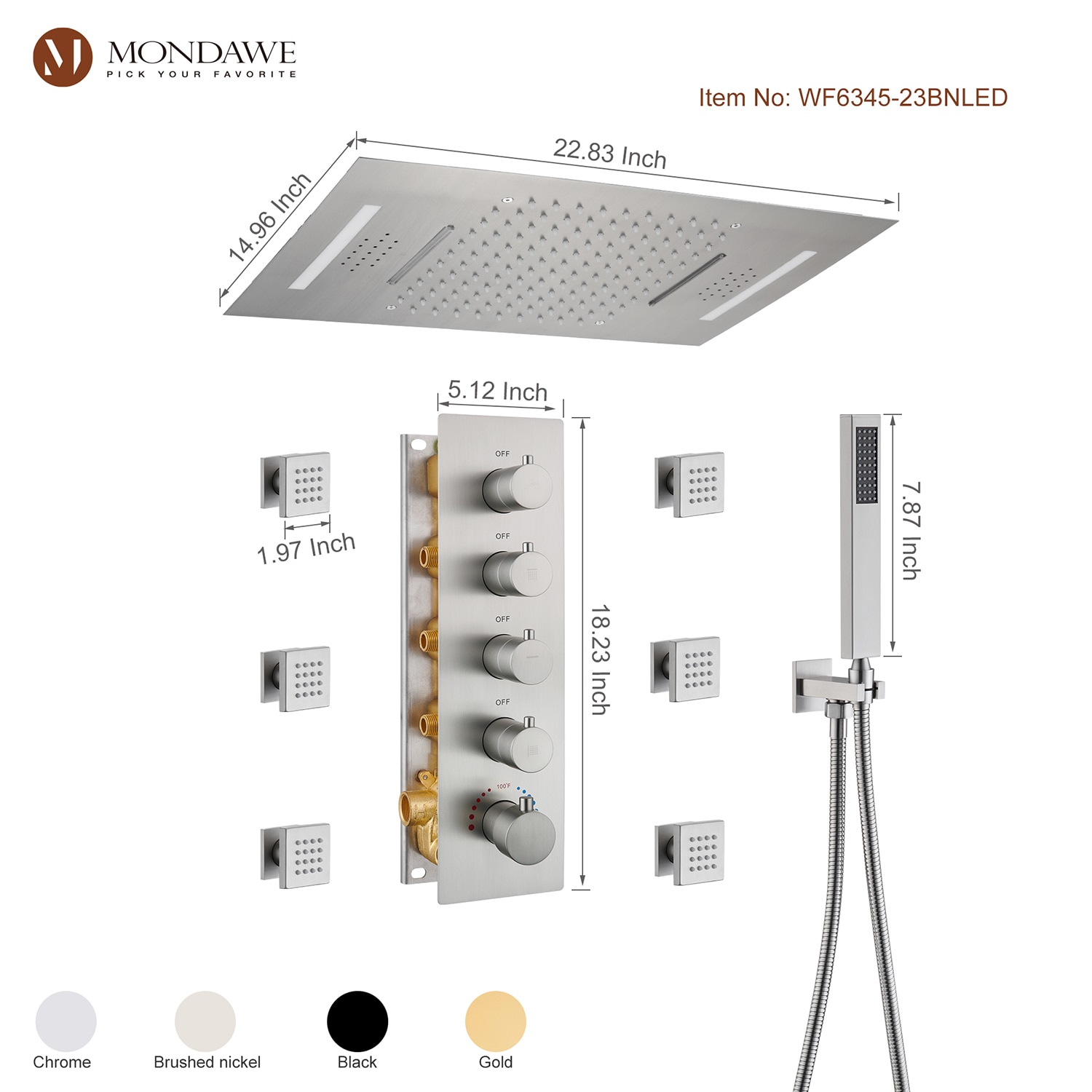 Mondawe WF6345-23BNLED Showerhead-Bar-Panels - View #11