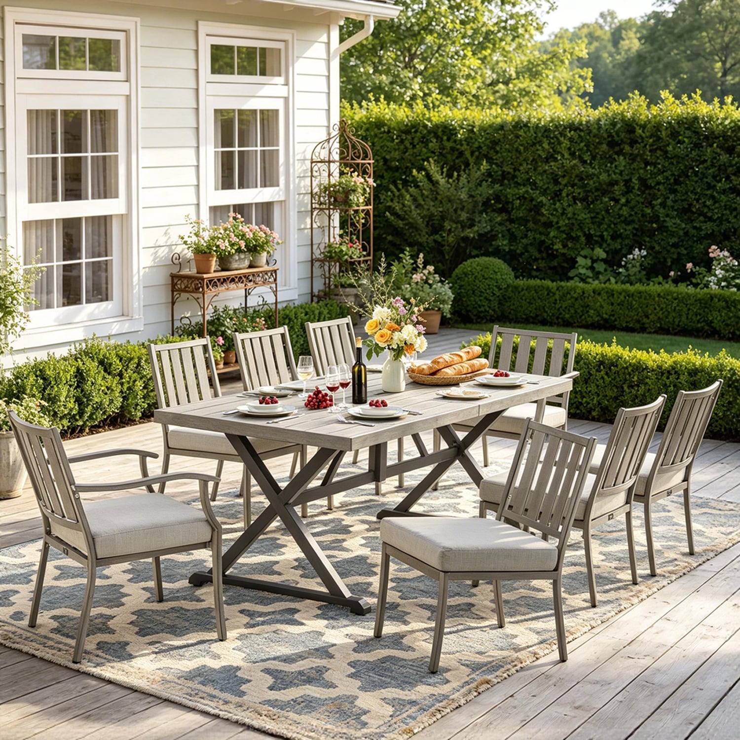 PEAK HOME FURNISHINGS - Outdoor 9 -Piece Grey Patio Dining Set Aluminum Rectangle Table with 8 Of...