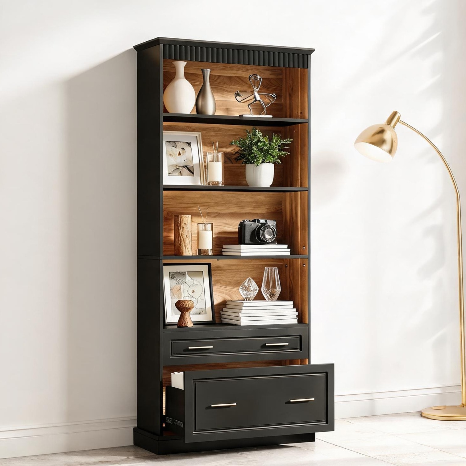 FlowLuxe Tall Storage Shelf Unit in Matte Black Particle Board with Enclosed Drawers Versatile Freestanding Bookcase for Living Room or Study
