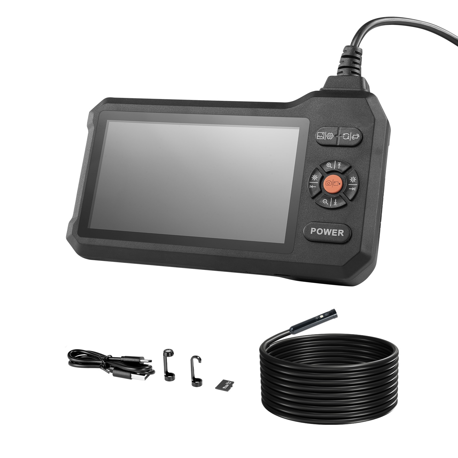 GIVIMO Triple-Lens Industrial Borescope with 5-in HD IPS Screen 1280 x 720 Lens 8X Zoom 8 Plus 1 Plus 1 Adjustable LEDs 16.4-ft Rigid Cable 0.32-in IP67-Rated Probe 3000-mAh Battery 180-Degree Image Rotation and 32-GB Card for Auto and Plumbing #LW018GIVSS343