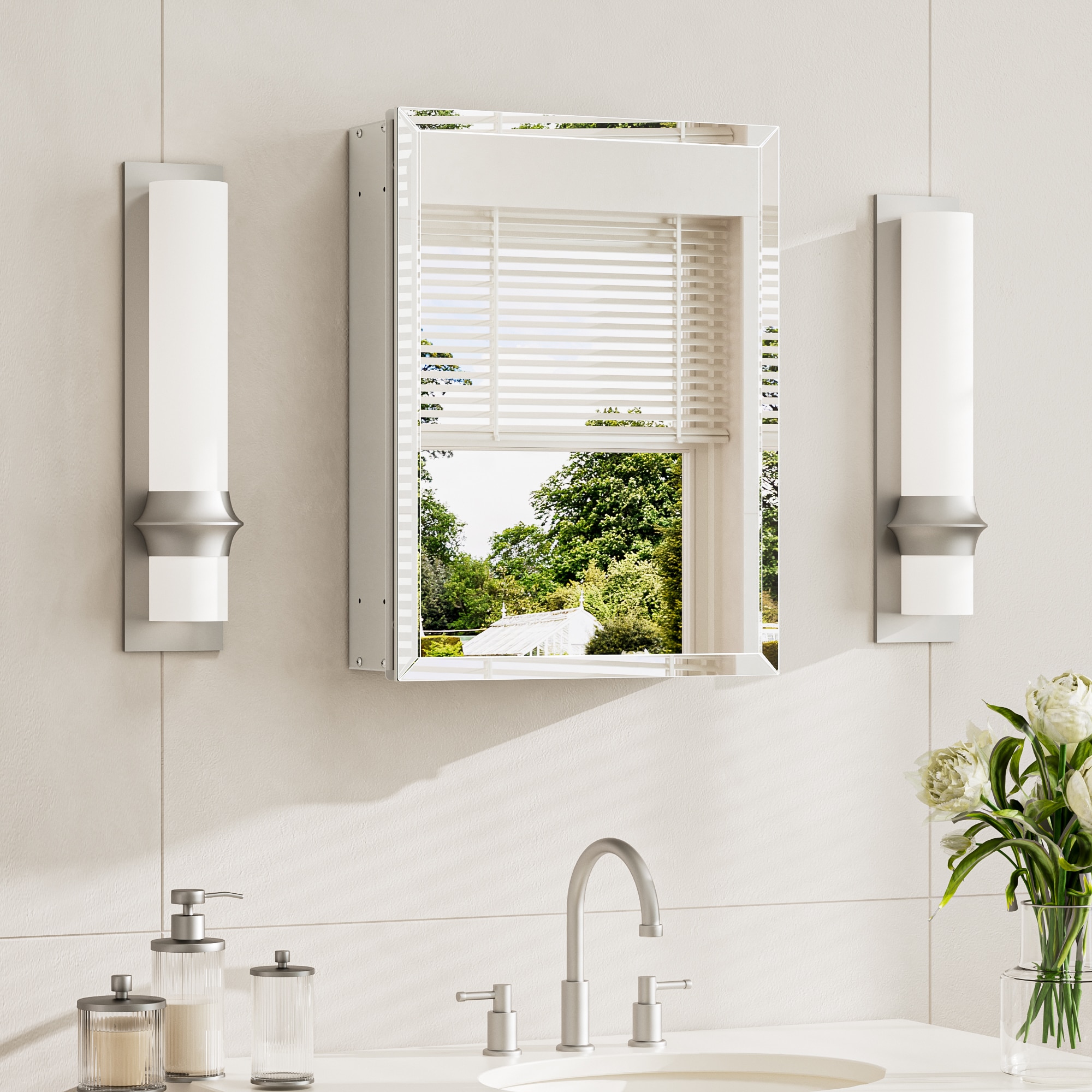 Keonjinn Medicine Cabinet 14-in x 18-in Surface/Recessed Mount Sliver Mirrored Rectangle Soft Close Medicine Cabinet