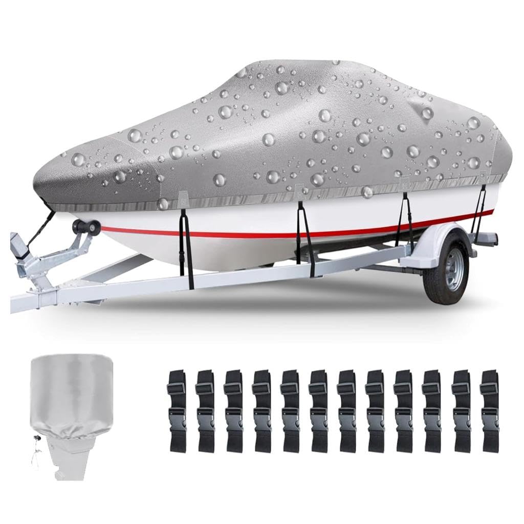 Lukvuzo  Boat Covers 20-22ft Heavy Duty 800D PU Waterproof Marine Grade Polyester Canvas UV Resistant Bass Boat Cover with Tightening Strap