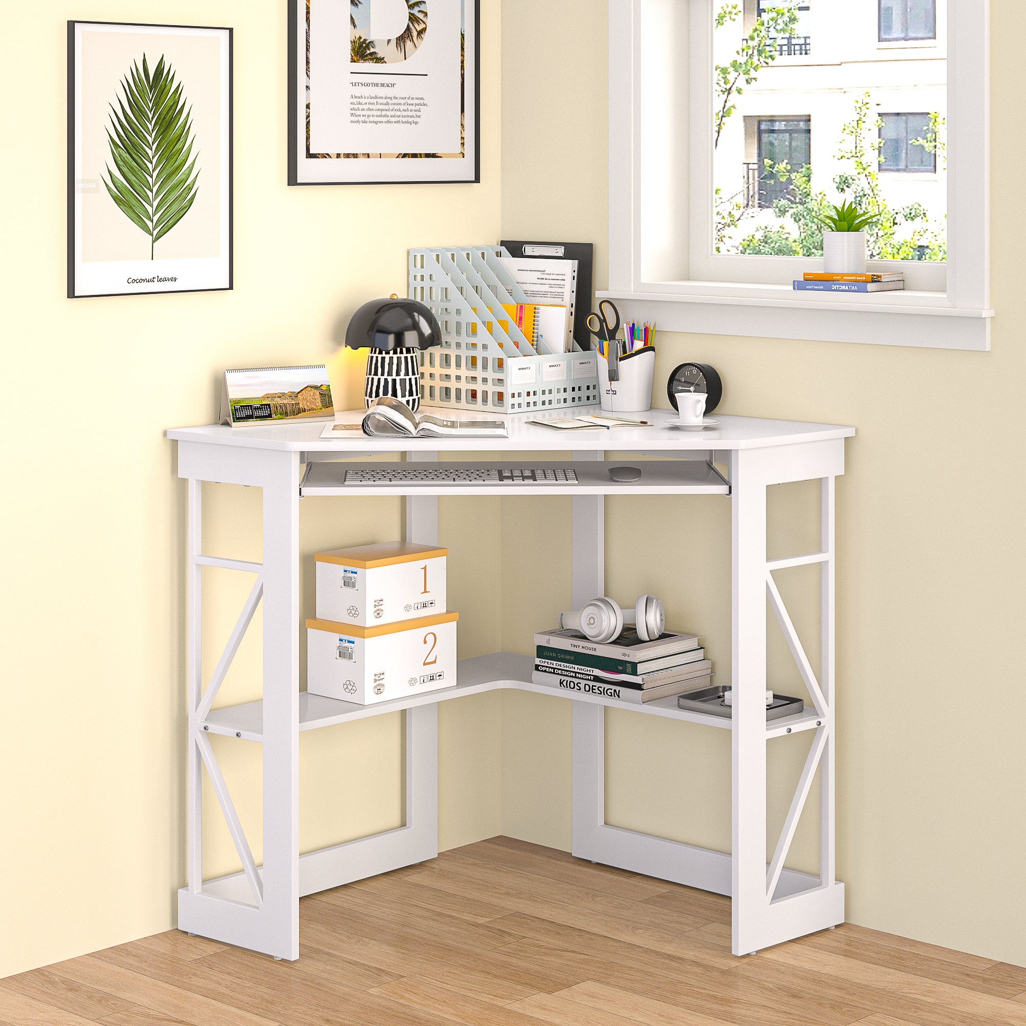 Vecelo LOE-XJM-CD03-WHE Corner Desk Computer Desk Writing Table with Smooth Keyboard Tray and Storage Shelves Compact Home Office Triangle Table