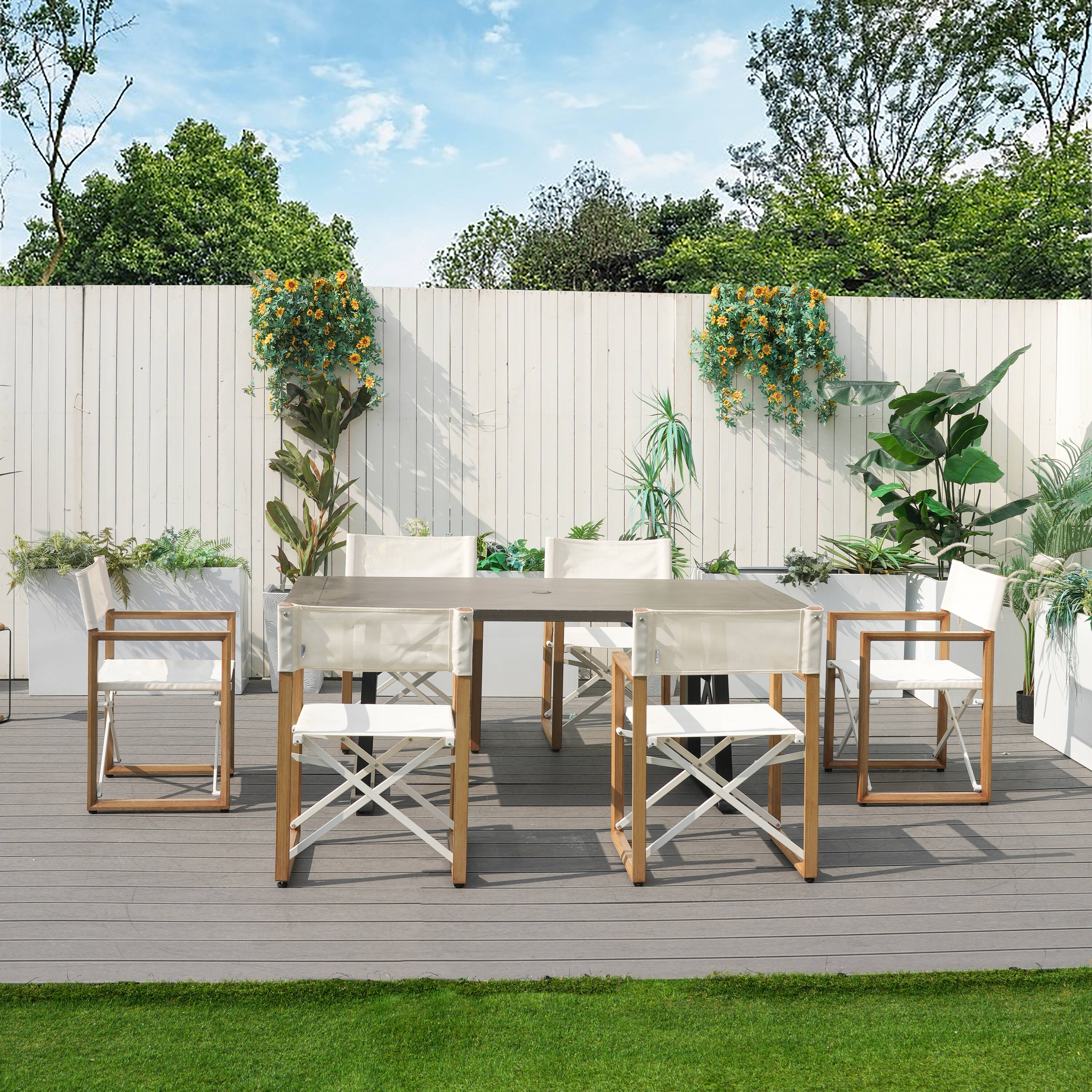 Direct Wicker DWD-62508BR&2466T 7 -Piece white Patio Dining Set Steel Rectangle Table with 6 White Stationary Chairs