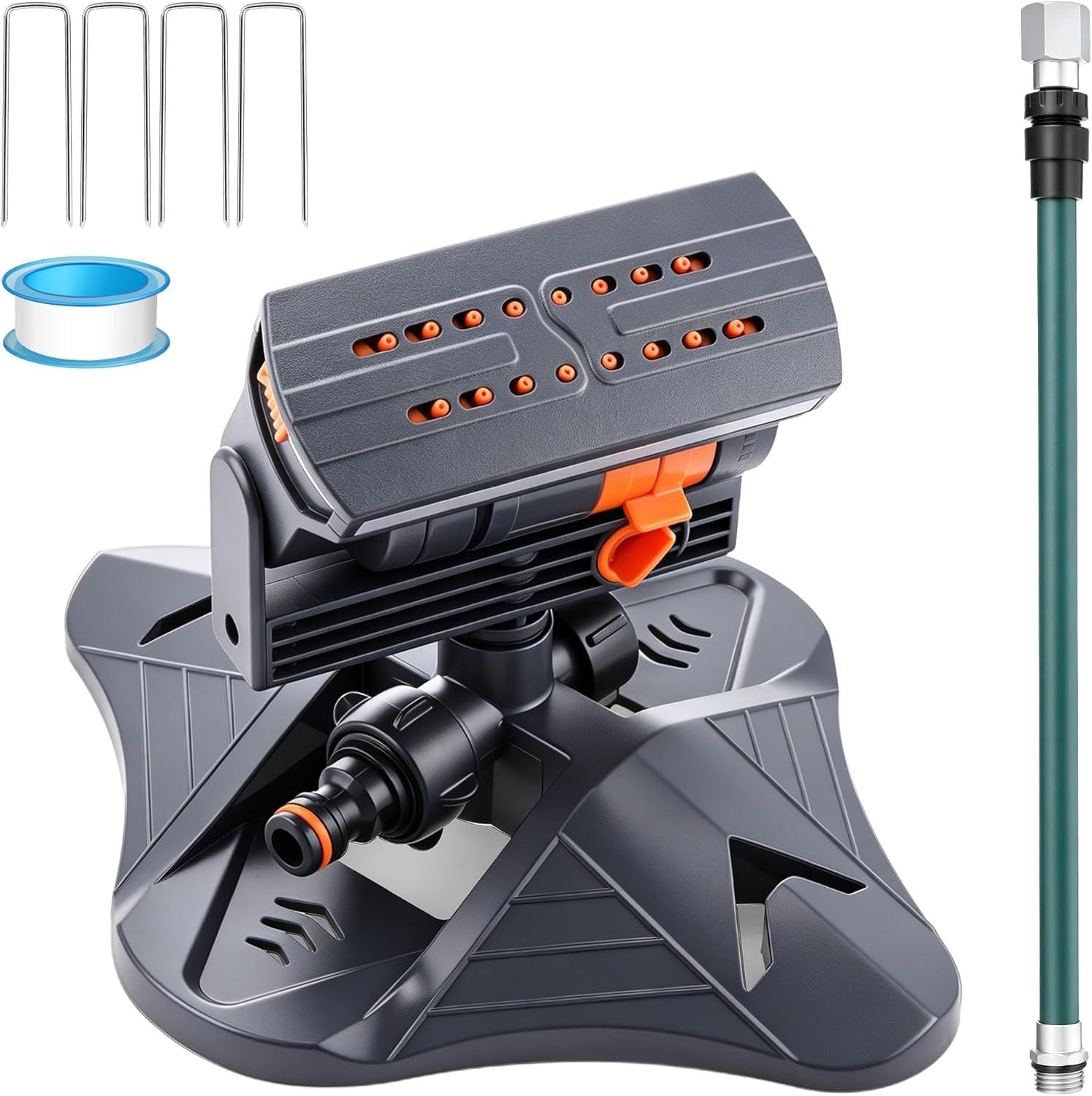 WOQWOQ Oscillating Sprinkler Adjustable Aluminum Riser 4 Way Lawn Sprinkler 16 Nozzles Covers up to 4069 sq ft Yard Garden Triangular
