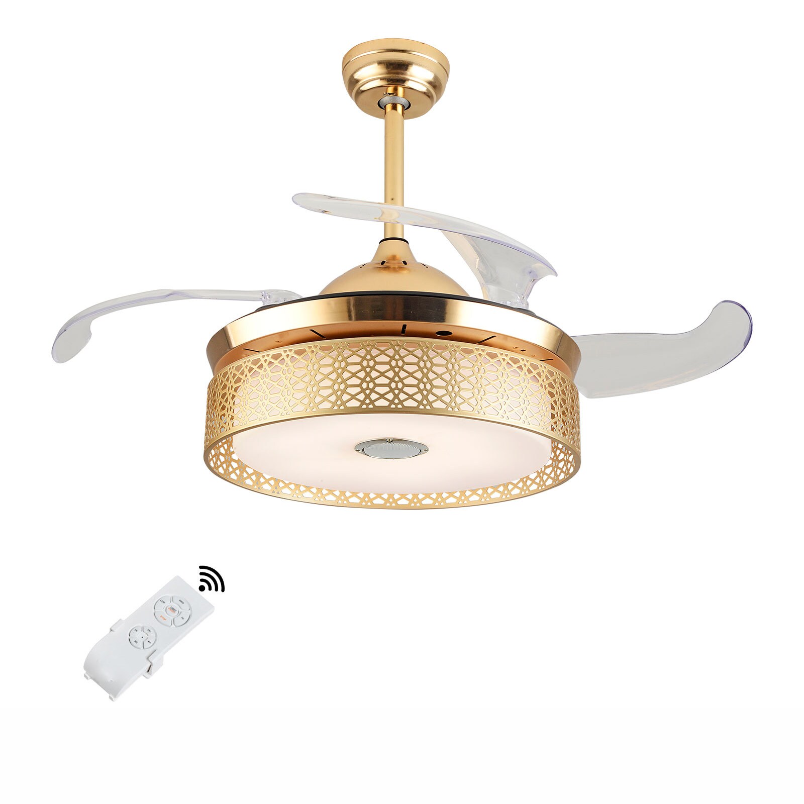 Oukaning HG-HJWJL-2993 42-Inches 42in Gold Hollow Pattern Retractable with ABS Blades Color-Changing Integrated LED Fixture Indoor Downrod mount Chandelier Ceiling Fan With Light and Remote ( 4 -Blade)