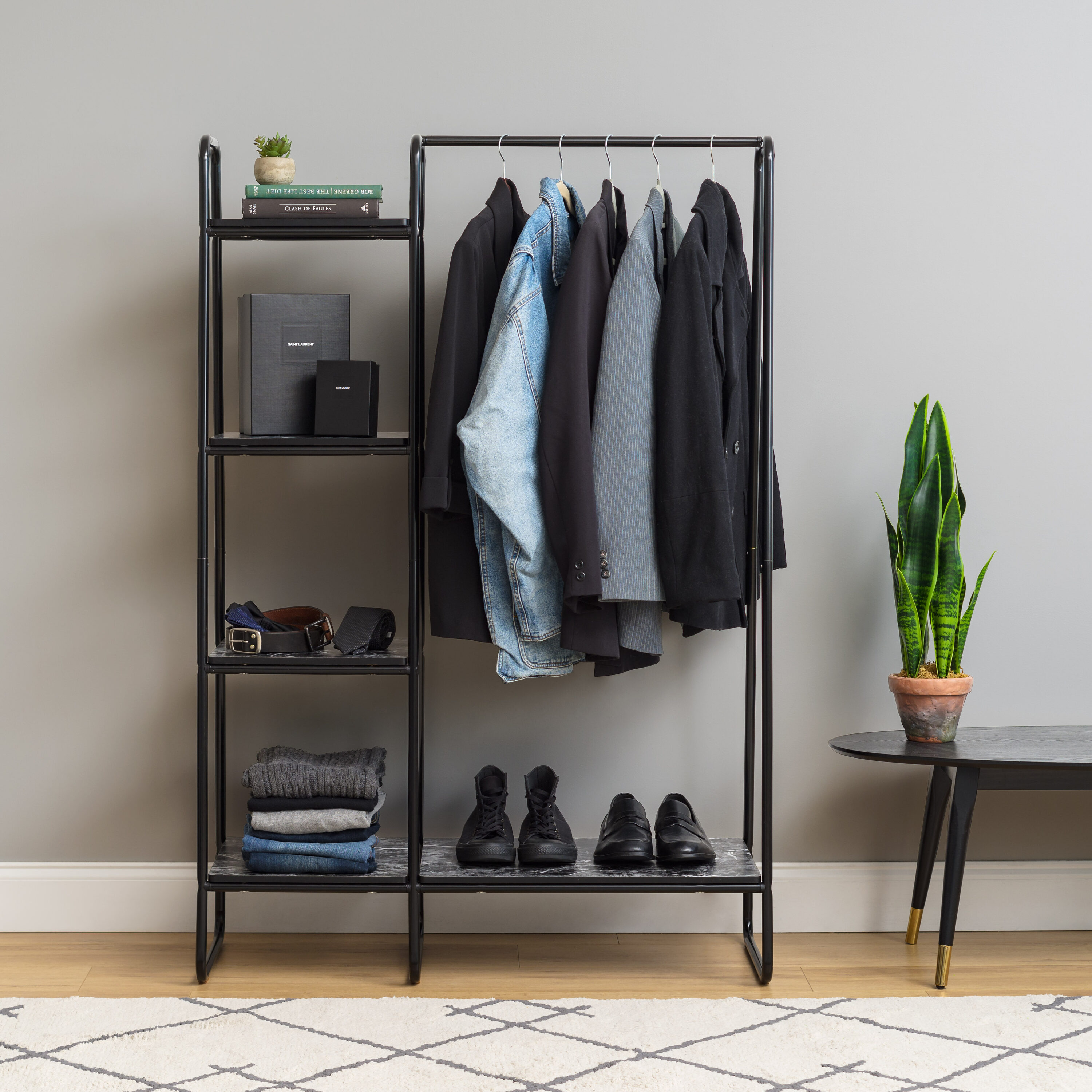 Honey-Can-Do Black/Natural Freestanding Metal Clothing Rack with Wood Shelves