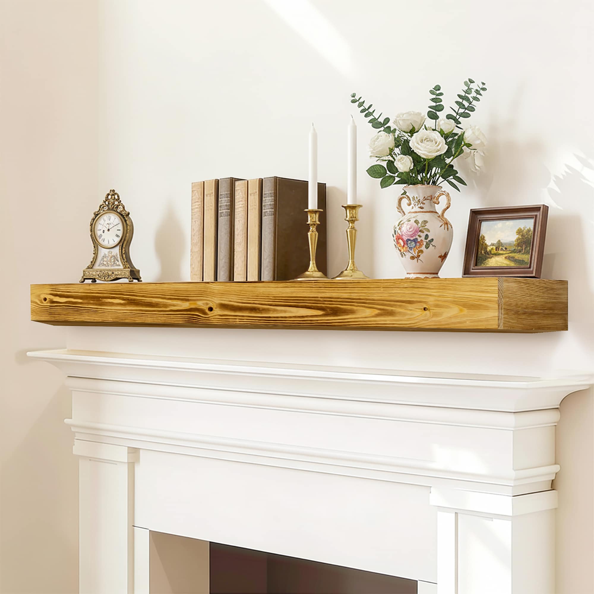 Fun Orange 60-in W x 5-in H x 8-in D Natural Wood and Caramel Finished Pine Traditional Fireplace Mantel Shelf