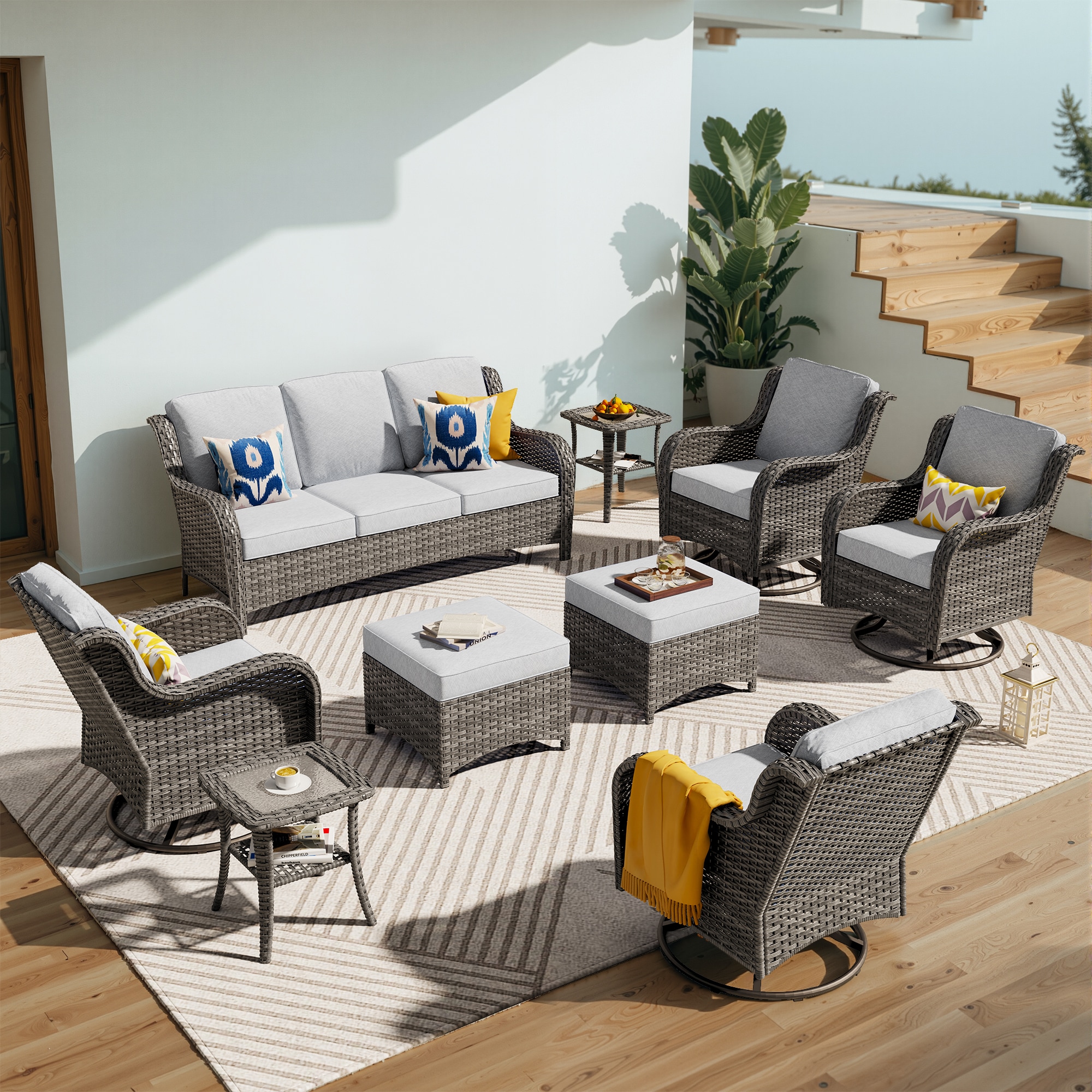 Pouuin SYZGNTC4-9 9 -Piece Wicker Patio Sofa Conversation Set with Gray Cushions