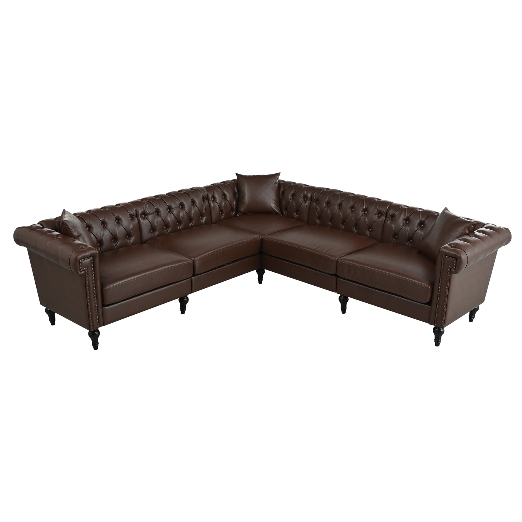 SINOFURN - 99.4-in W Midcentury Brown Faux leather 6-seater Sectional