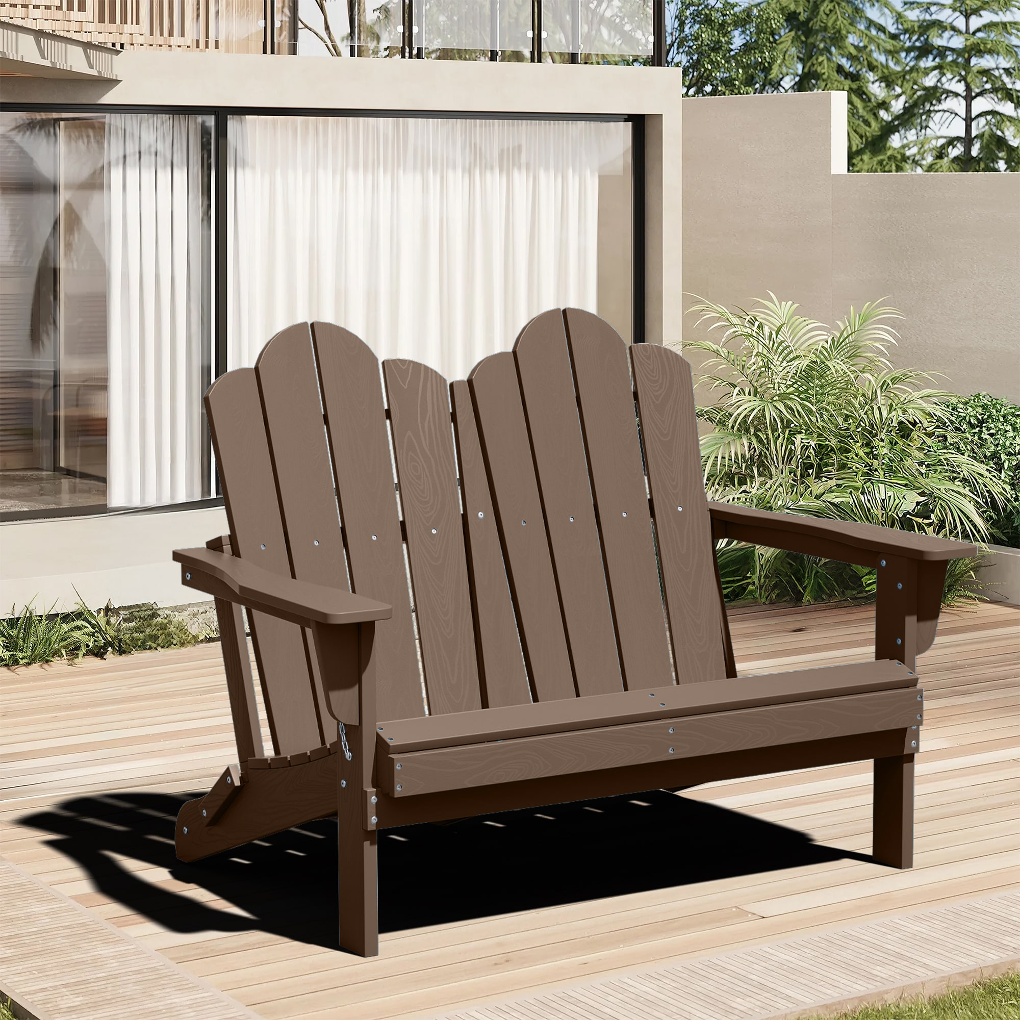 JEAREY XJG3JT-YW 2-Seater HDPE Adirondack Chair Brown HDPE Frame Stationary Conversation Chair with Slat Seat