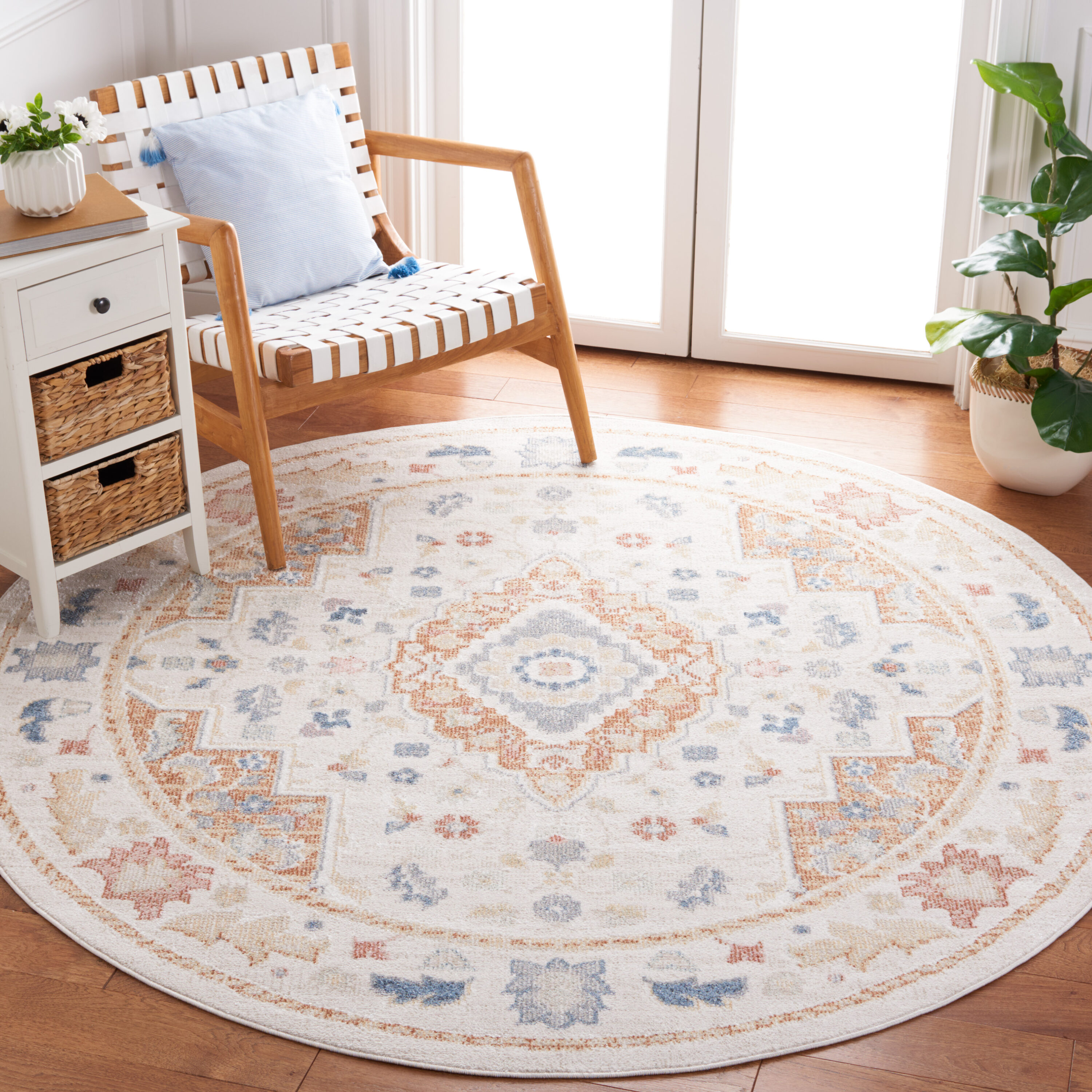Safavieh BLR214B-7R Blair Washable 7 X 7 (ft) Beige/Rust Round Indoor Border Machine Washable Area Rug