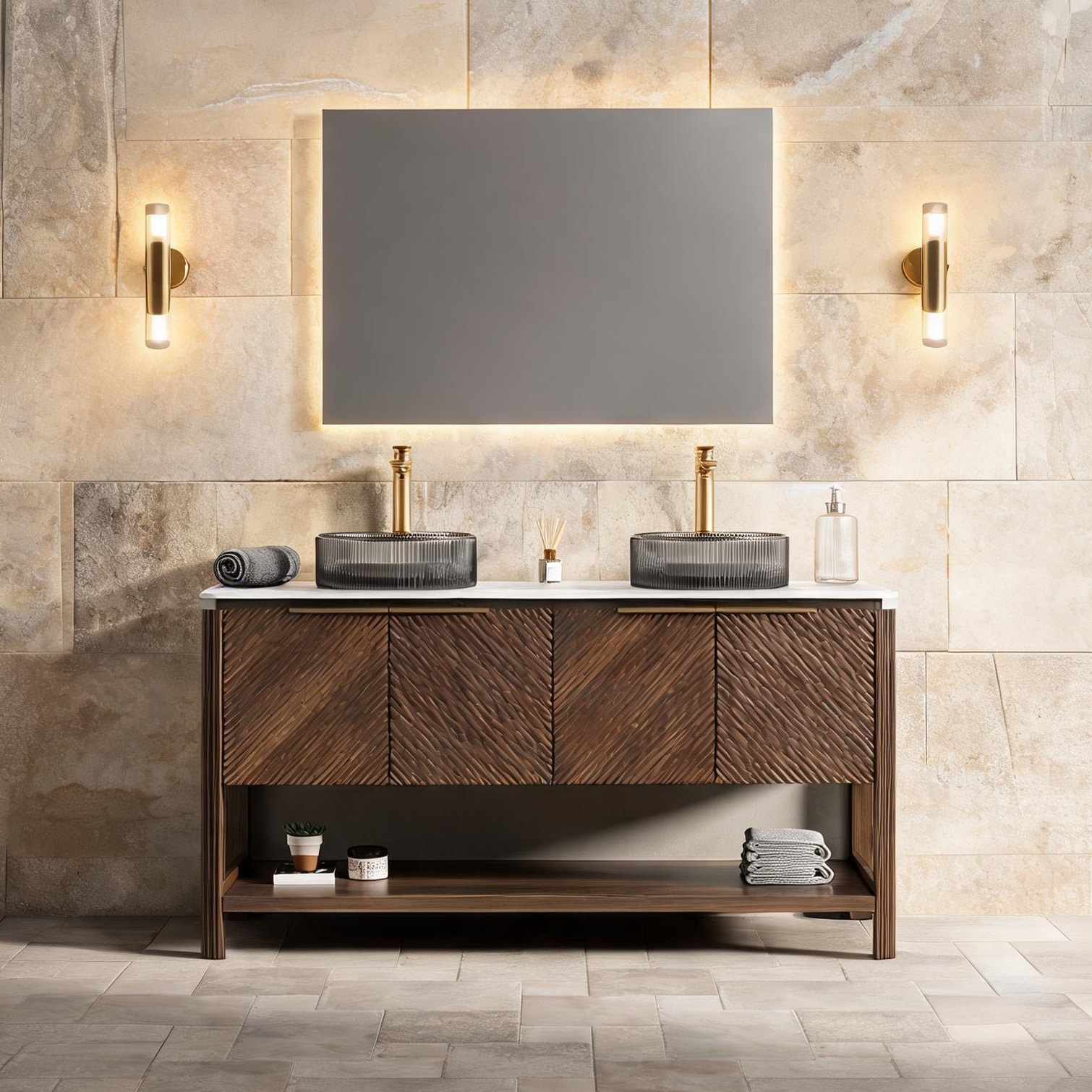 Naturefalls - 60-Inch Freestanding Double Vanity with Sintered Stone Top and Glass Basins Classic...
