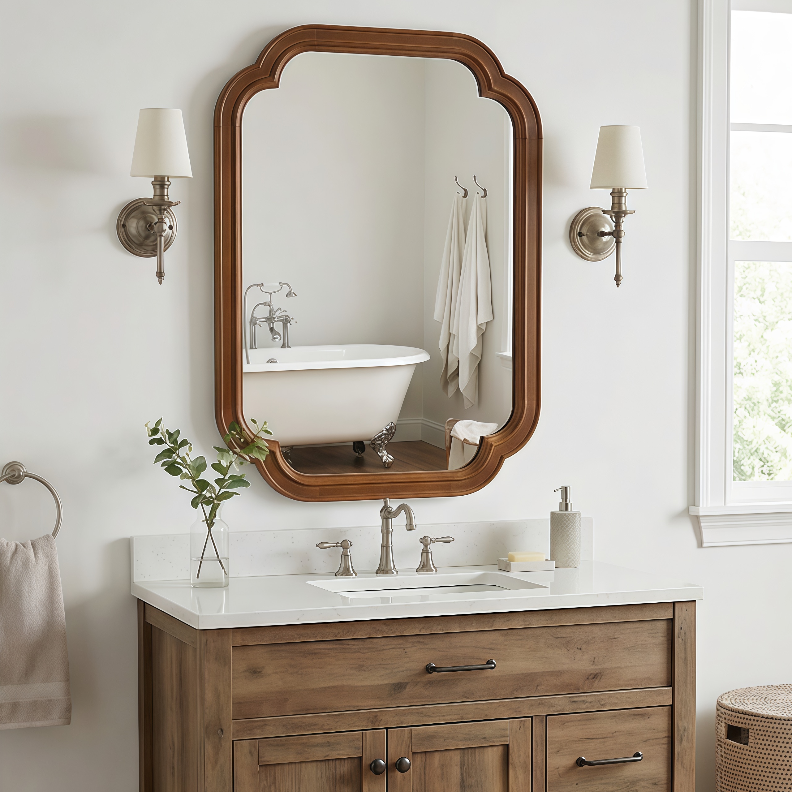 JUSHUA Black Walnut Color 24 Inches x 36 Inches Solid Wood Frame Rounded Corner Decorative Mirror For Bedroom Bathroom Living Room Entryway