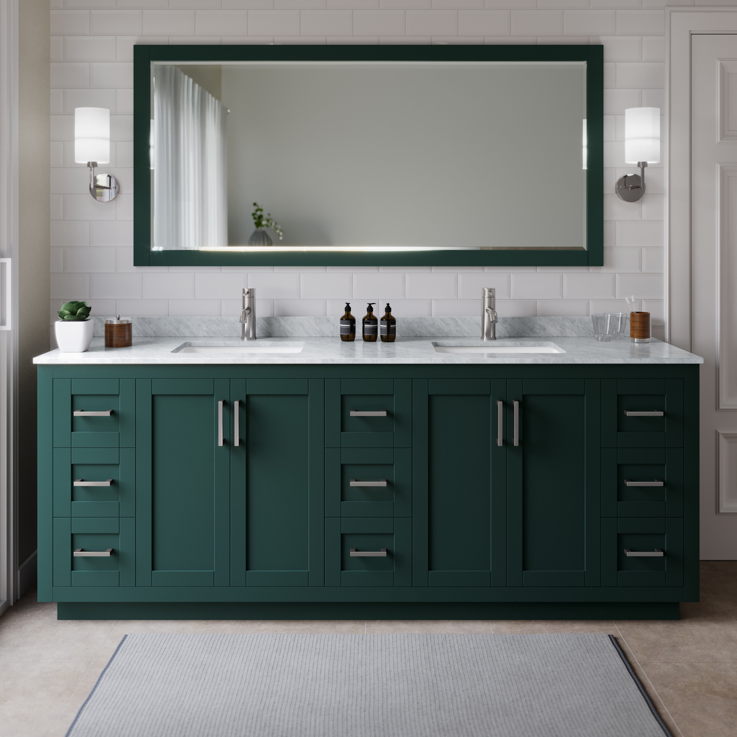 Wyndham Collection WCF292984DGECMUNSMXX Miranda 84-in Green with Brushed Nickel Trim Undermount Double sink Bathroom Vanity with White Carrara Marble Marble Top