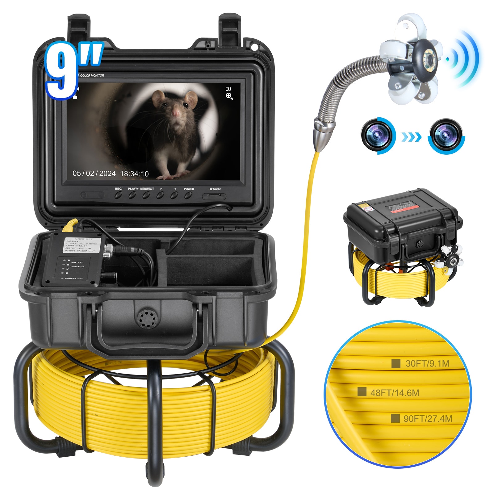 VEVOR Sewer Camera  98 ft/30m  Self-Leveling Drain Inspection Camera with 9in 1080P HD Screen  36X Zoom  IP68 Waterproof Plumbing Camera with Lights-12 LED  32GB Card Snake Camera for Duct Pipe
