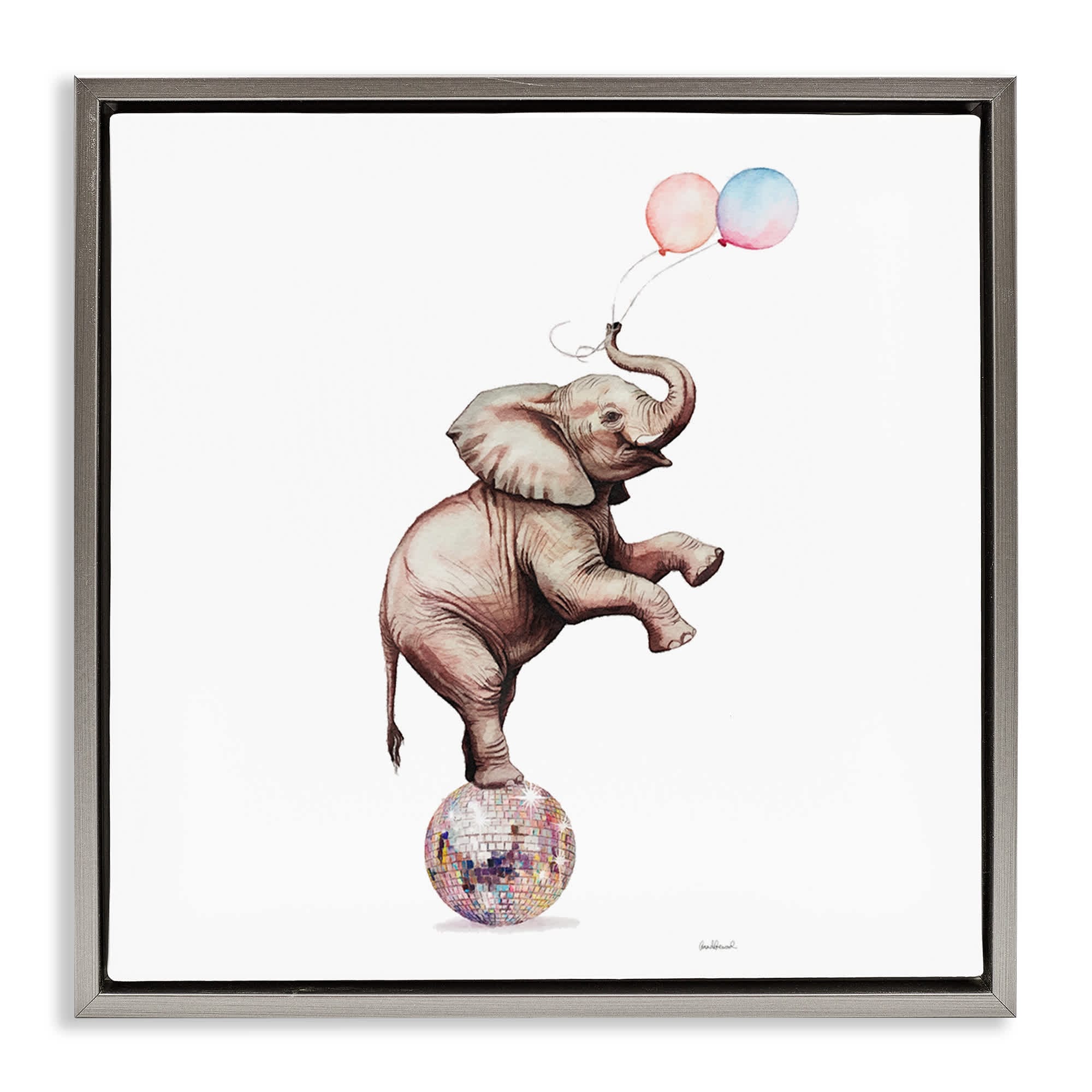 Stupell Industries BS-127-FFL-24X24 Elephant and Balloons Disco Gray Framed Floater Canvas Wall Art By Amanda Greenwood 25 x 25