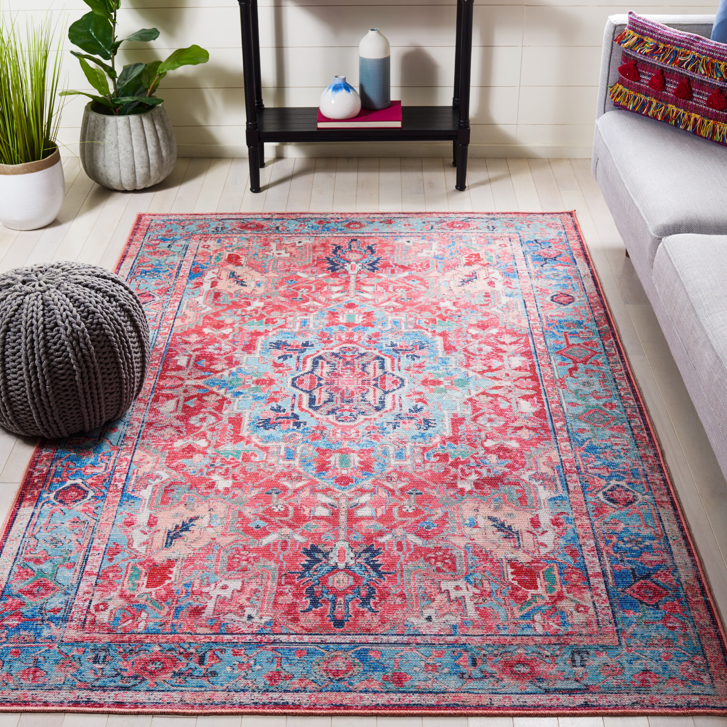 Safavieh SEP518J-4 Serapi 4 x 6 (ft) Loomed Cotton Light Blue/Red Rectangular Indoor Border Machine washable Area rug