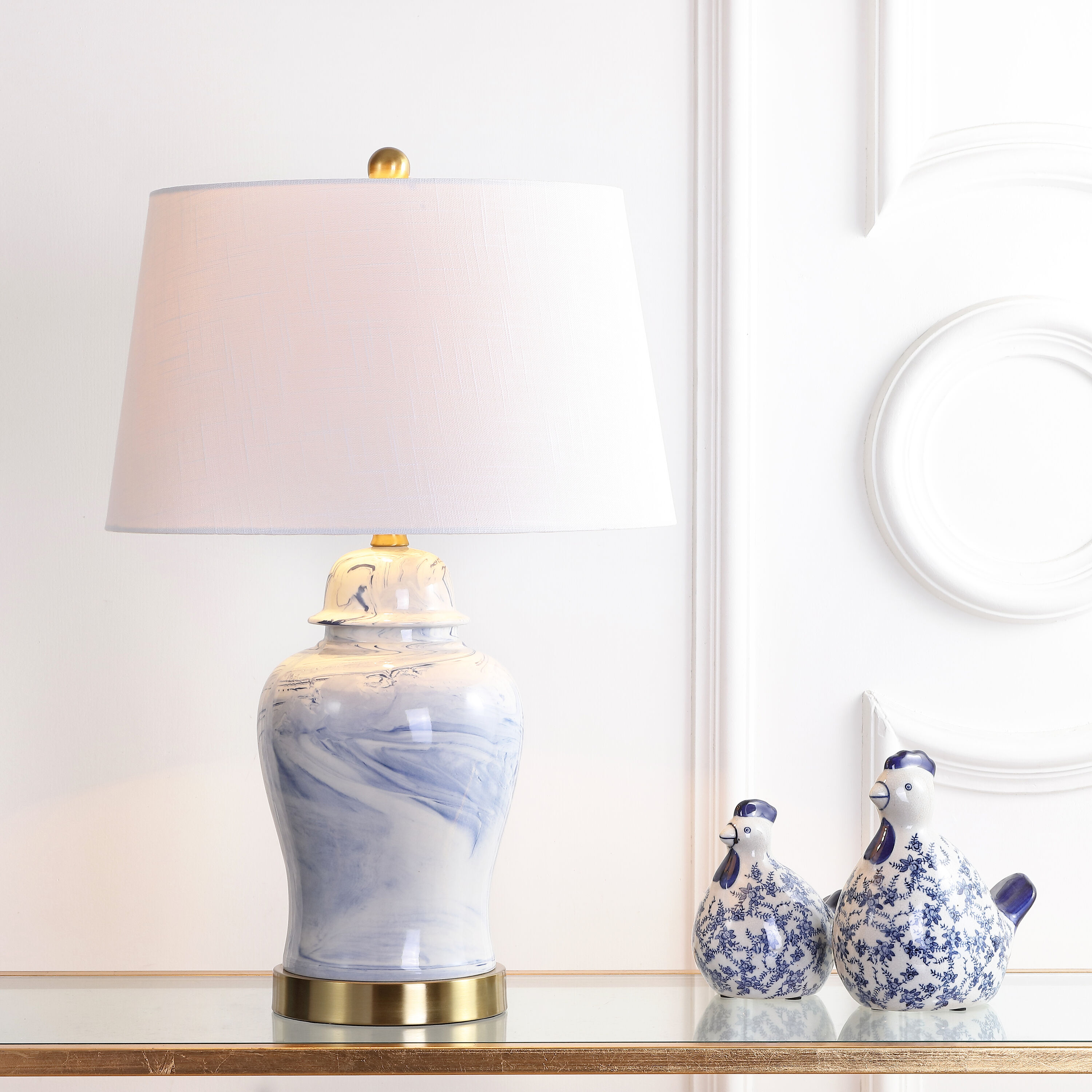 JONATHAN  Y JYL3010A Wallace Ceramic Transitional 26-in Brass Gold LED Incandescent Rotary socket Table Lamp with Linen Shade