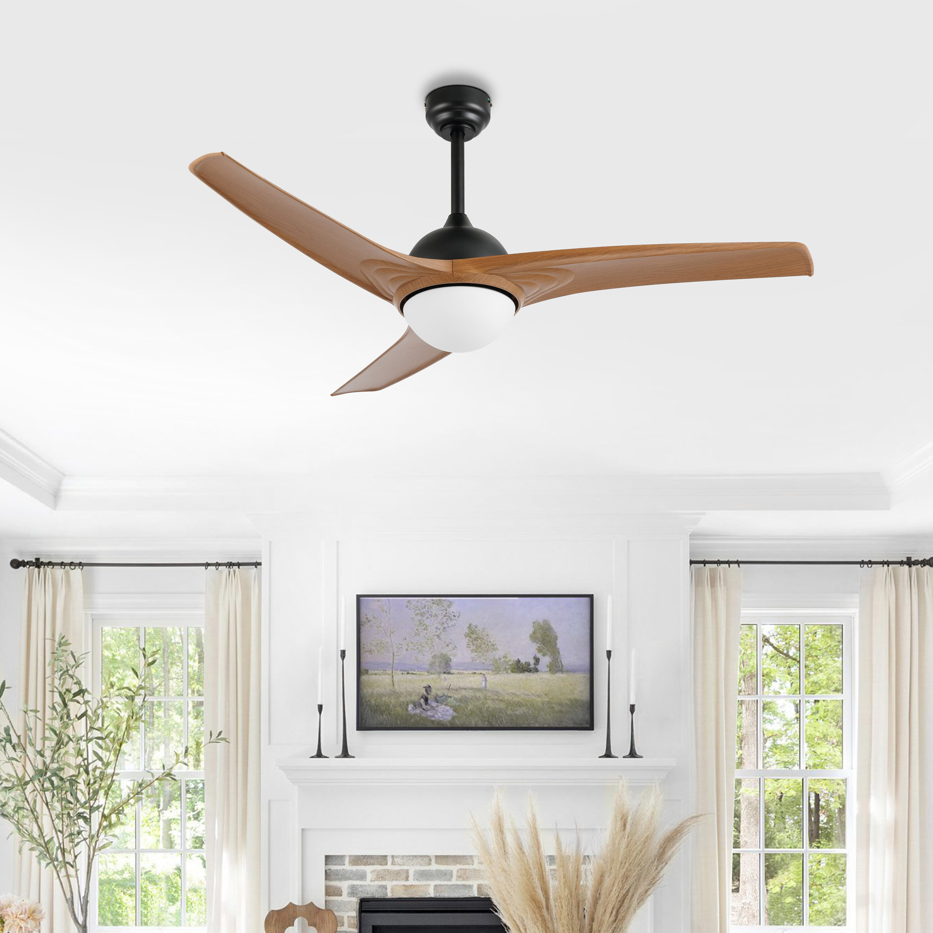 JONATHAN  Y JYL9717E Sully Industrial Iron/Plastic 52-in Smart Black with Light Brown Wood Finish Blades Ceiling Fan With Light - Remote Included ( 3 -Blade )