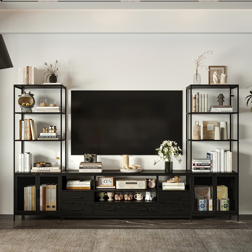 Homsee C-KF210347-01-AB Black Textured 110 in. Extra-Long TV Stand with 6 Drawers and Mesh Iron Doors Industrial Media Console with Storage