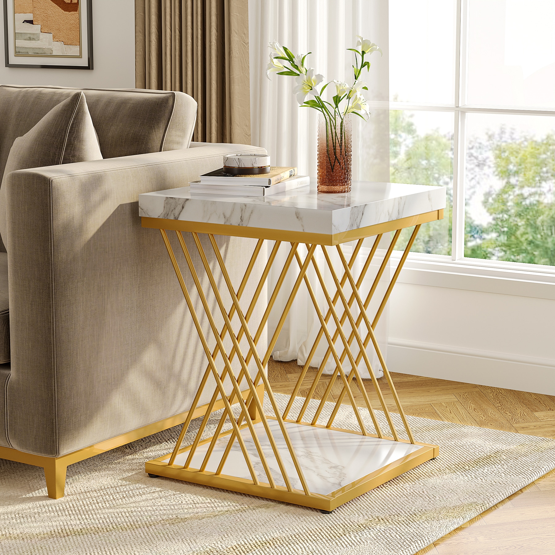 Fnova LWTJ-XK00349 End table 20-in W x 26-in H Faux marble Wood Rectangular Modern End Table Assembly Required