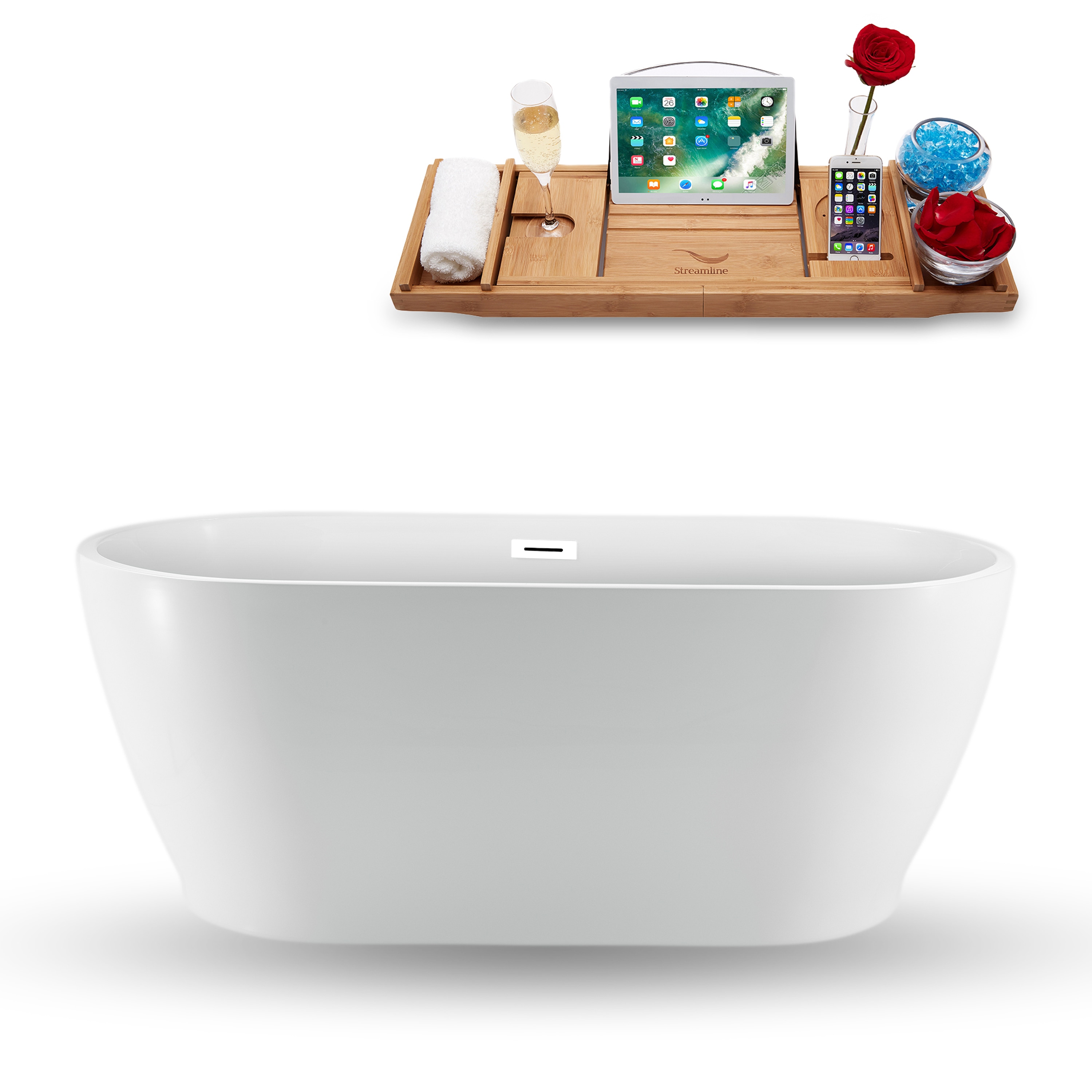 Streamline N880WH 28.3-in x 59.1-in Glossy White Acrylic Oval Freestanding Soaking bathtub with Drain ( Center Drain )