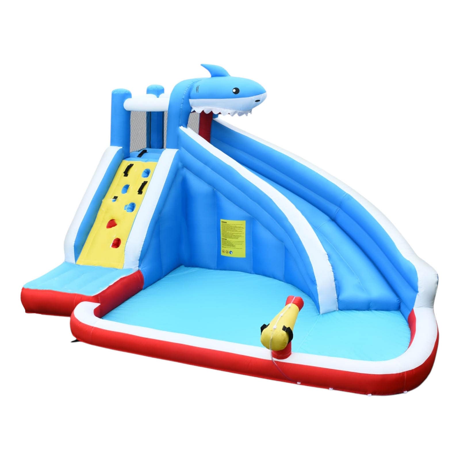 Slickblue D-CO-15907PO Kids Shark-Themed Inflatable Bouncer with Slide Climbing Wall and Splash Pool – 12.5-Ft Oxford Cloth Water Park for Backyard - Multicolor with Blower