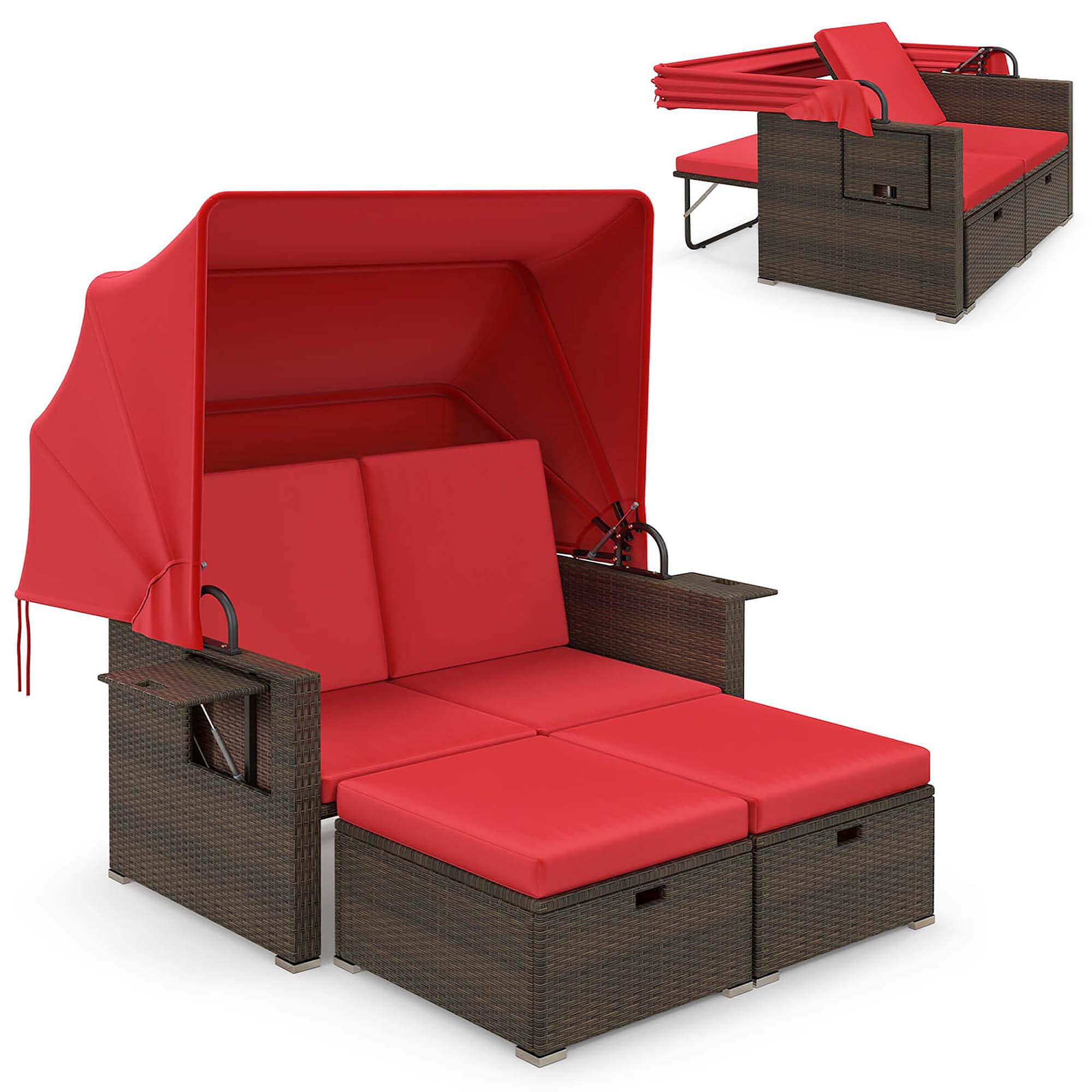Costway HCST03796 Rattan Outdoor Daybed with Red Cushions and Steel Frame