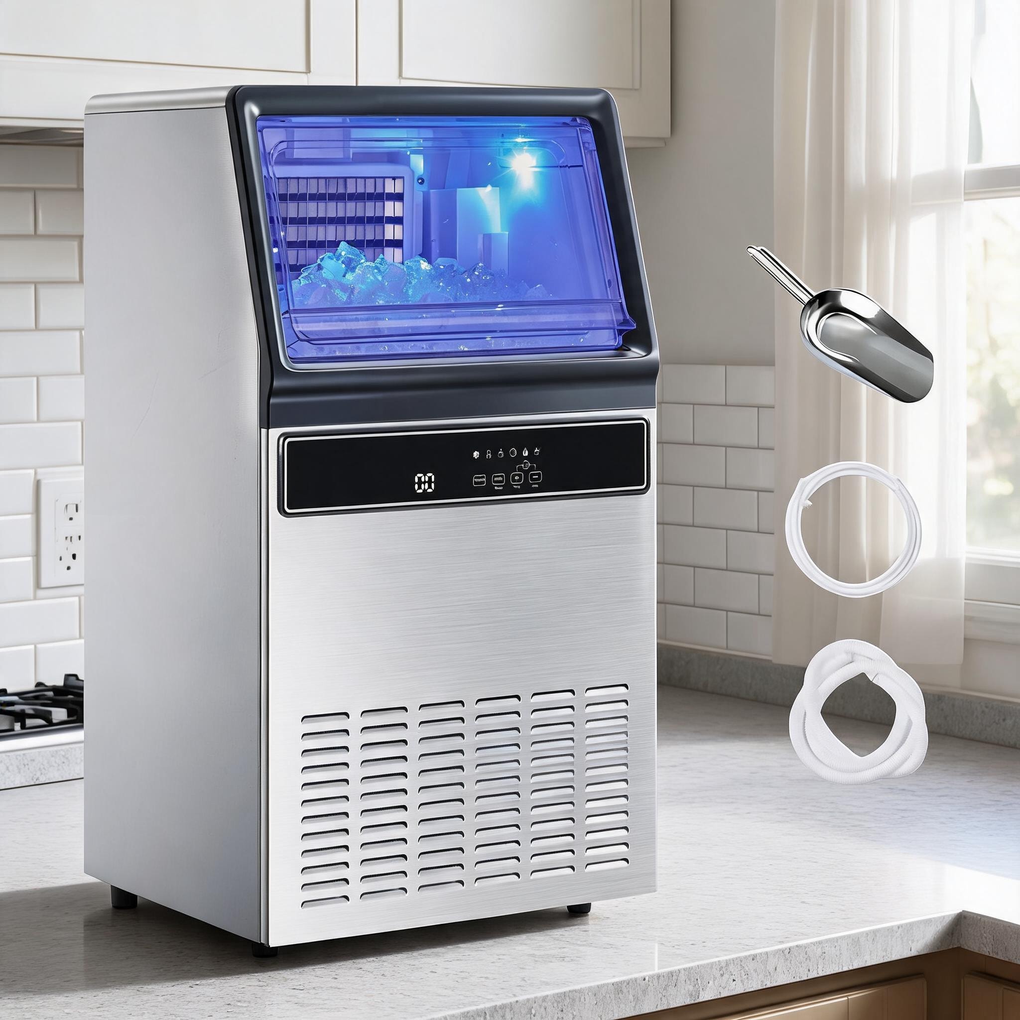 Watnature Freestanding Under Counter Ice Maker 130Lbs Daily Output Polished Silver Stainless Steel #0HIBTGR8JG0N