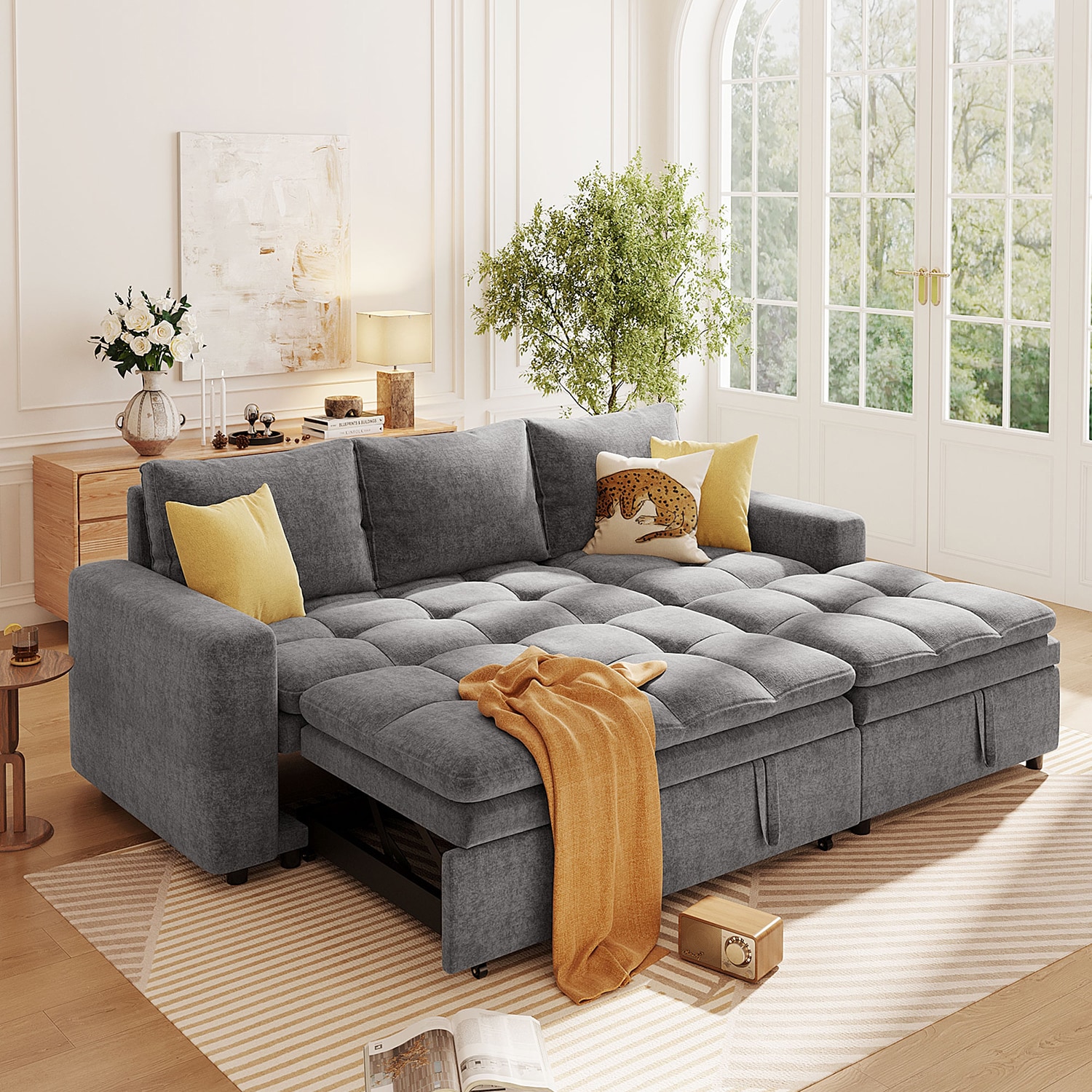 GZMR GZ-BF8928A Soft Sectional Sofa Bed with Storage 89-in Modern Gray 3 -seater Reclining Sleeper