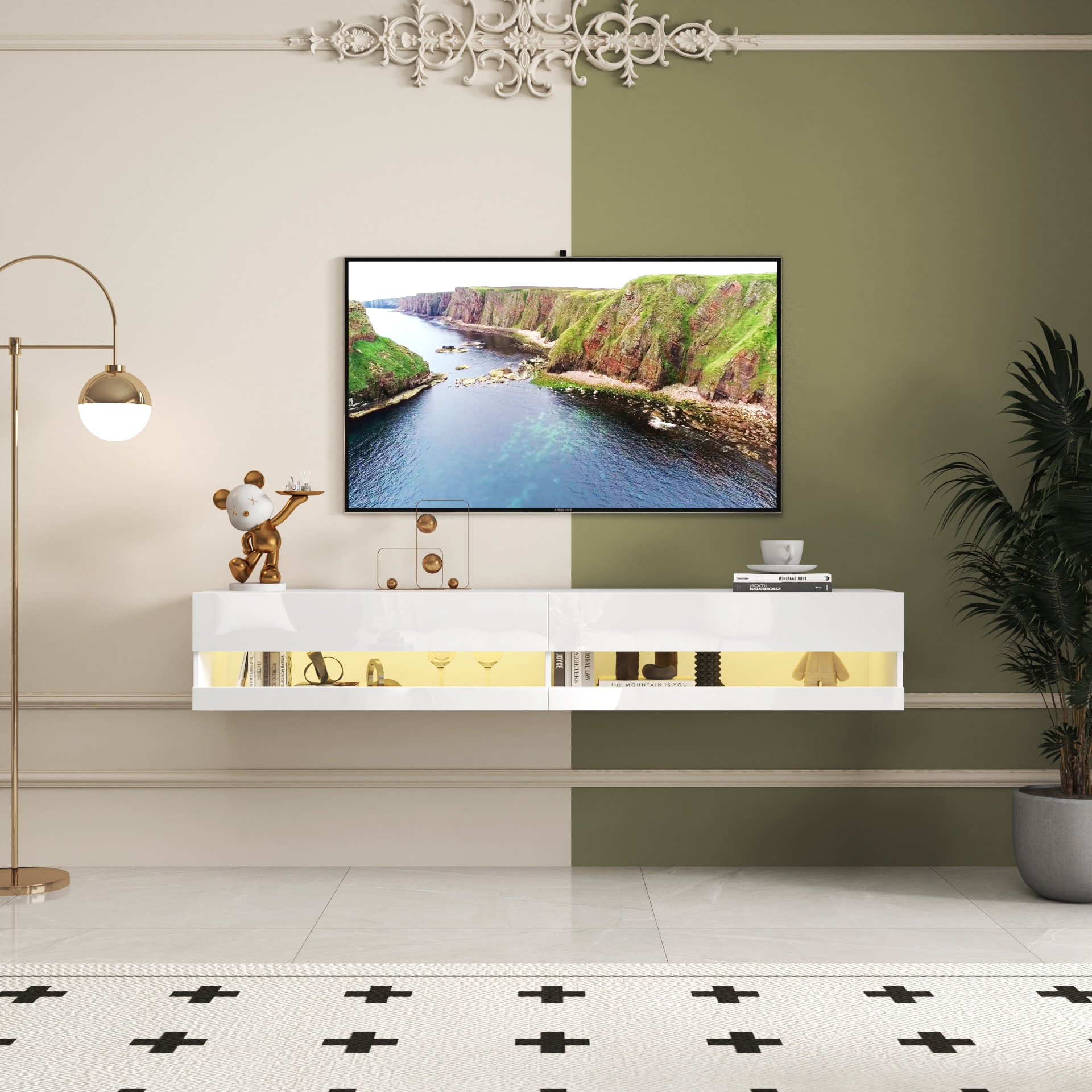 LOVMOR SF-M-W331P225207 180 Wall Mounted Floating 80inch TV Stand with 20 Color LEDs  and  Charging Station