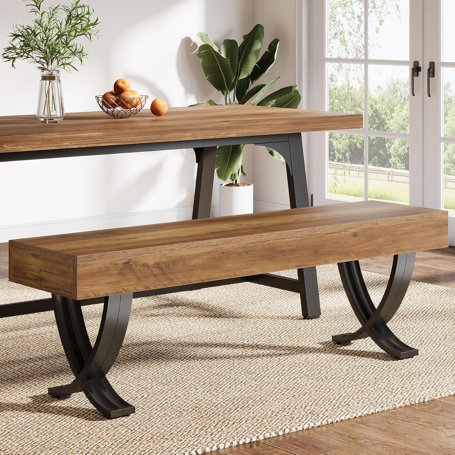 Tribesigns Brown and Black 55 inch W Farmhouse Dining Bench with Metal X Shaped Legs for Dining Room Bedroom