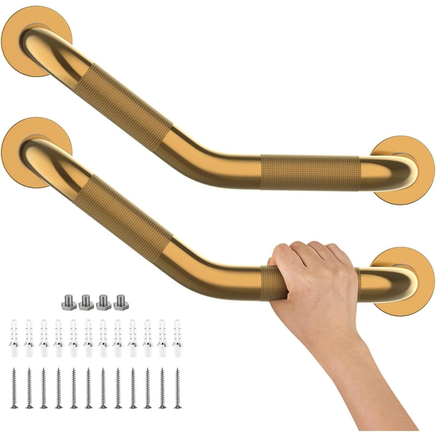 Angel Sar 16in L 2-Pack Angled Anti-Slip Gold Grab Bar with 500LBS for Bathtubs and Showers