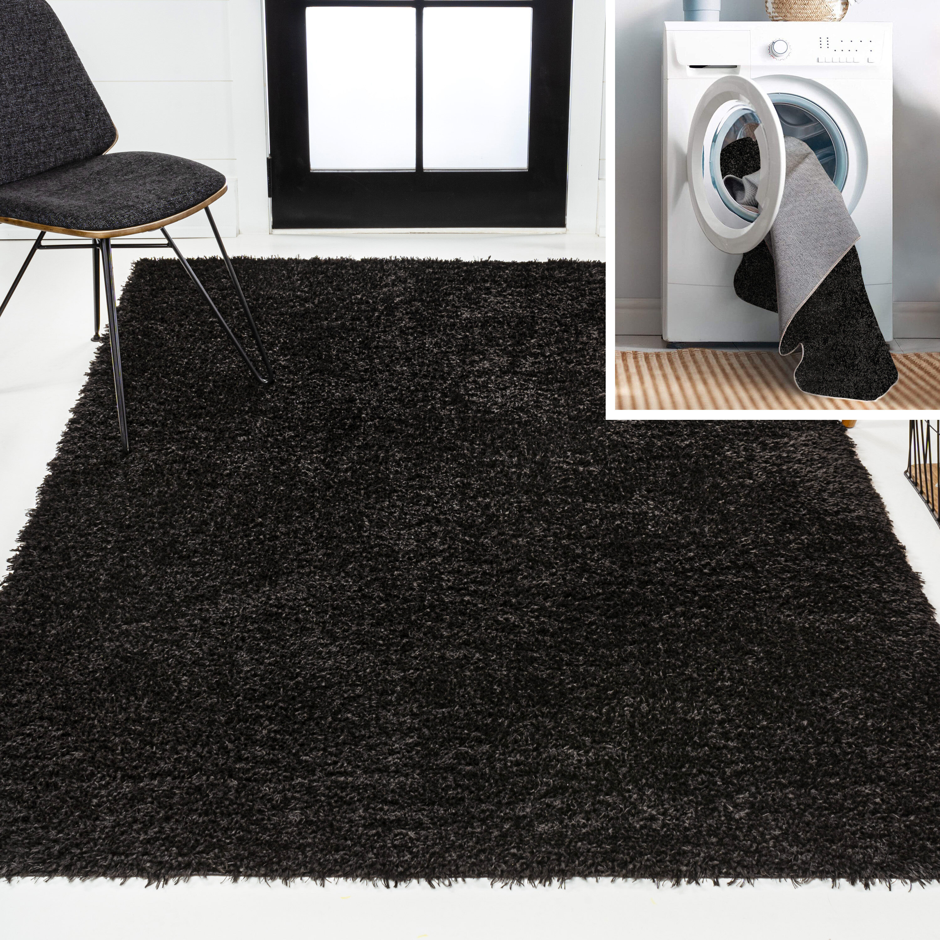 JONATHAN  Y WSH400I-5 WASHABLE Clayton Coastal Solid Glam Shag 5 x 7 (ft) Loomed Polyester Black Rectangular Indoor Solid Coastal Machine washable Area rug
