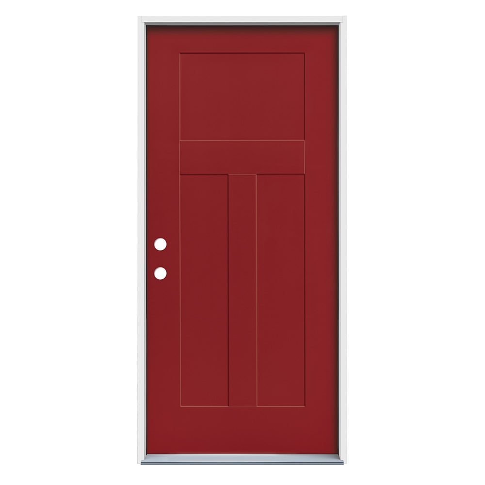 JELD-WEN LOWOLJW255200006 Craftsman 36-in x 80-in x 4-9/16-in Fiberglass No glass Right-hand inswing Cranberry Painted Prehung Front Door Insulating core